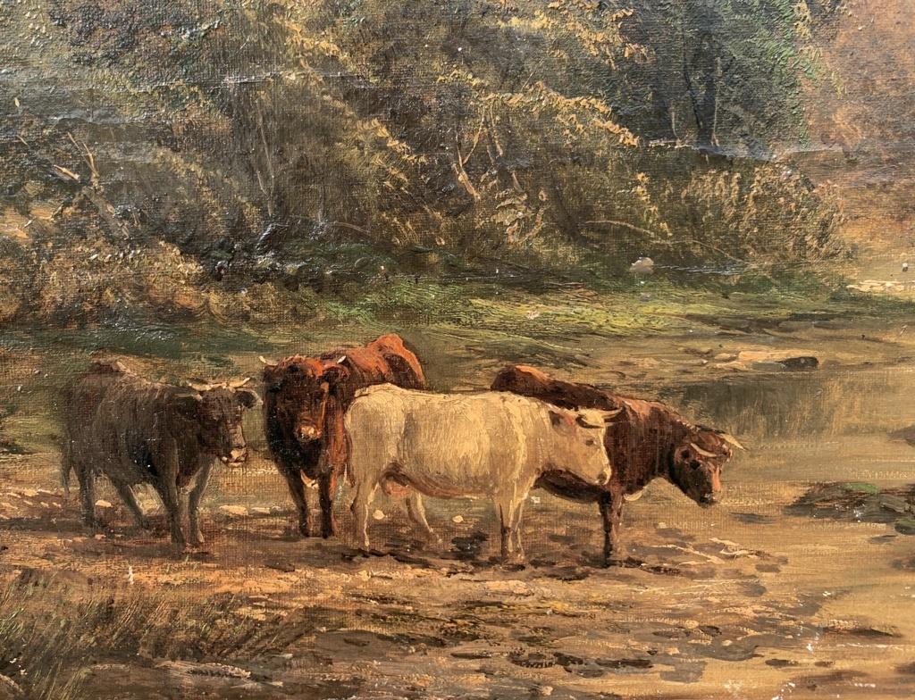 English painter (19th century) - Bulls at the stream.

35 x 54 cm without frame, 44.5 x 62.5 cm with frame.

Oil on panel, in a gilded wooden frame.

Condition report: Good state of conservation of the pictorial surface, there are signs of aging and