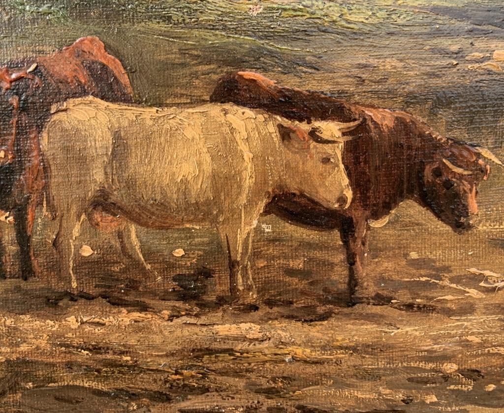 Naturalistic British painter - 19th century landscape painting - Bulls at river  For Sale 3