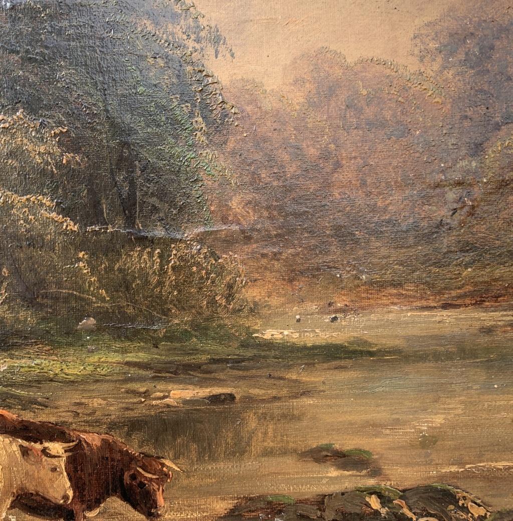 Naturalistic British painter - 19th century landscape painting - Bulls at river  For Sale 4