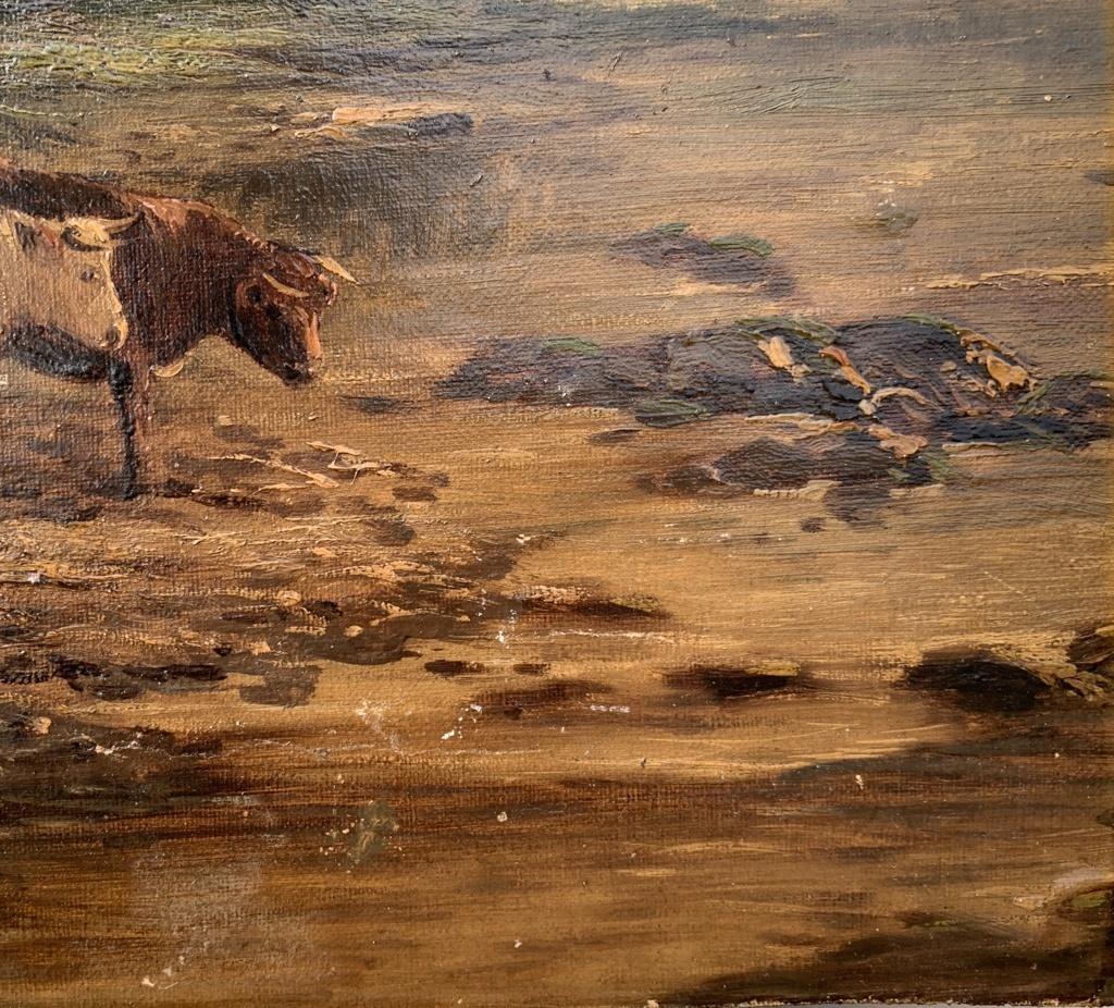Naturalistic British painter - 19th century landscape painting - Bulls at river  For Sale 5