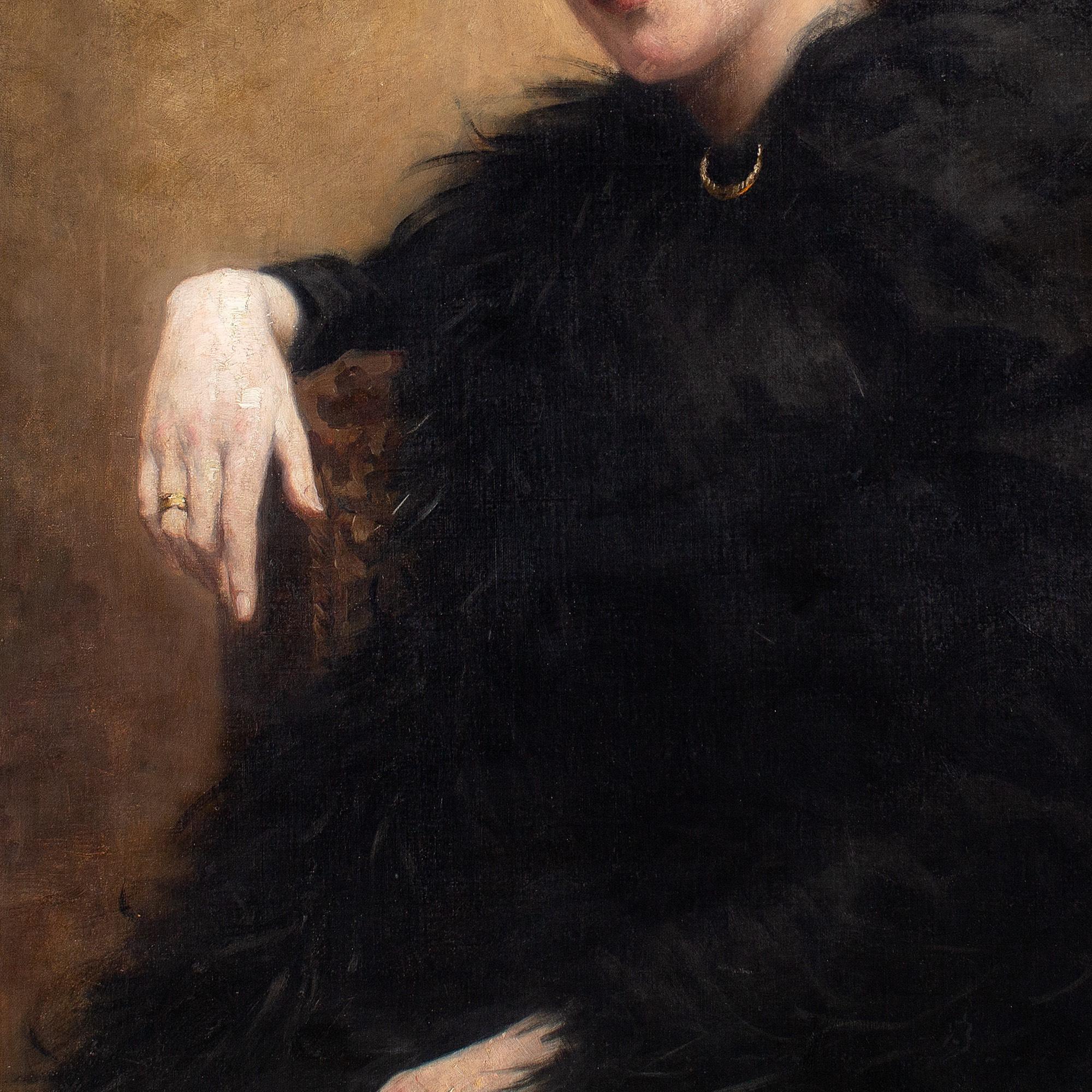 This beautiful late 19th-century Norwegian oil painting depicts a lady of means, probably a widow, dressed in black.

She’s emotionally bruised and bereaved, yet maintaining an air of high society elegance. Dressed entirely in black with sumptuous