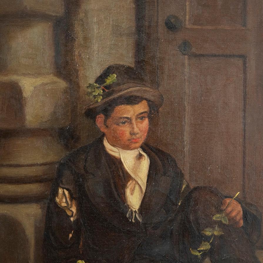 A delightful Victorian oil study of a young boy selling fruit on a street corner. The basket of fruit has been painted with fine attention to detail and the child's face is almost angelic. Well presented in a gilt effect frame. Signed indistinctly
