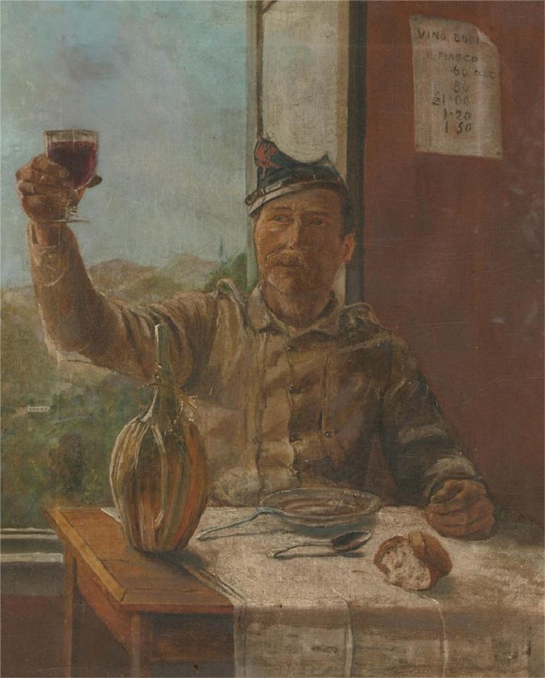 A fine and characterful portrait in oil, showing a French soldier, off duty, raising a glass of red wine in a toast. The soldier seems to be sitting in a small cafe or bistro and has a bowl and a piece of bread in front of him. There is a large open