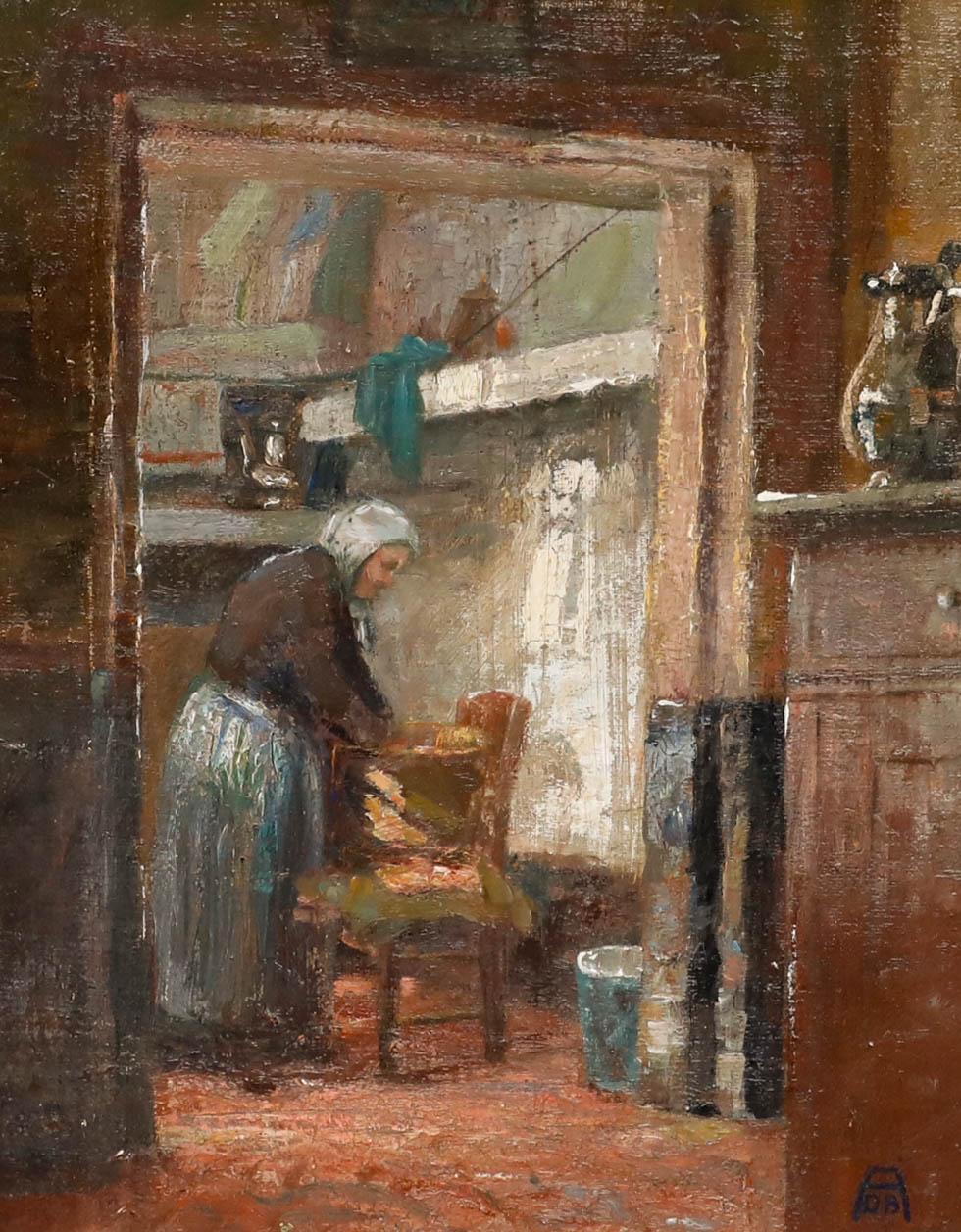 Late 19th Century Oil - Busy in the Kitchen - Painting by Unknown