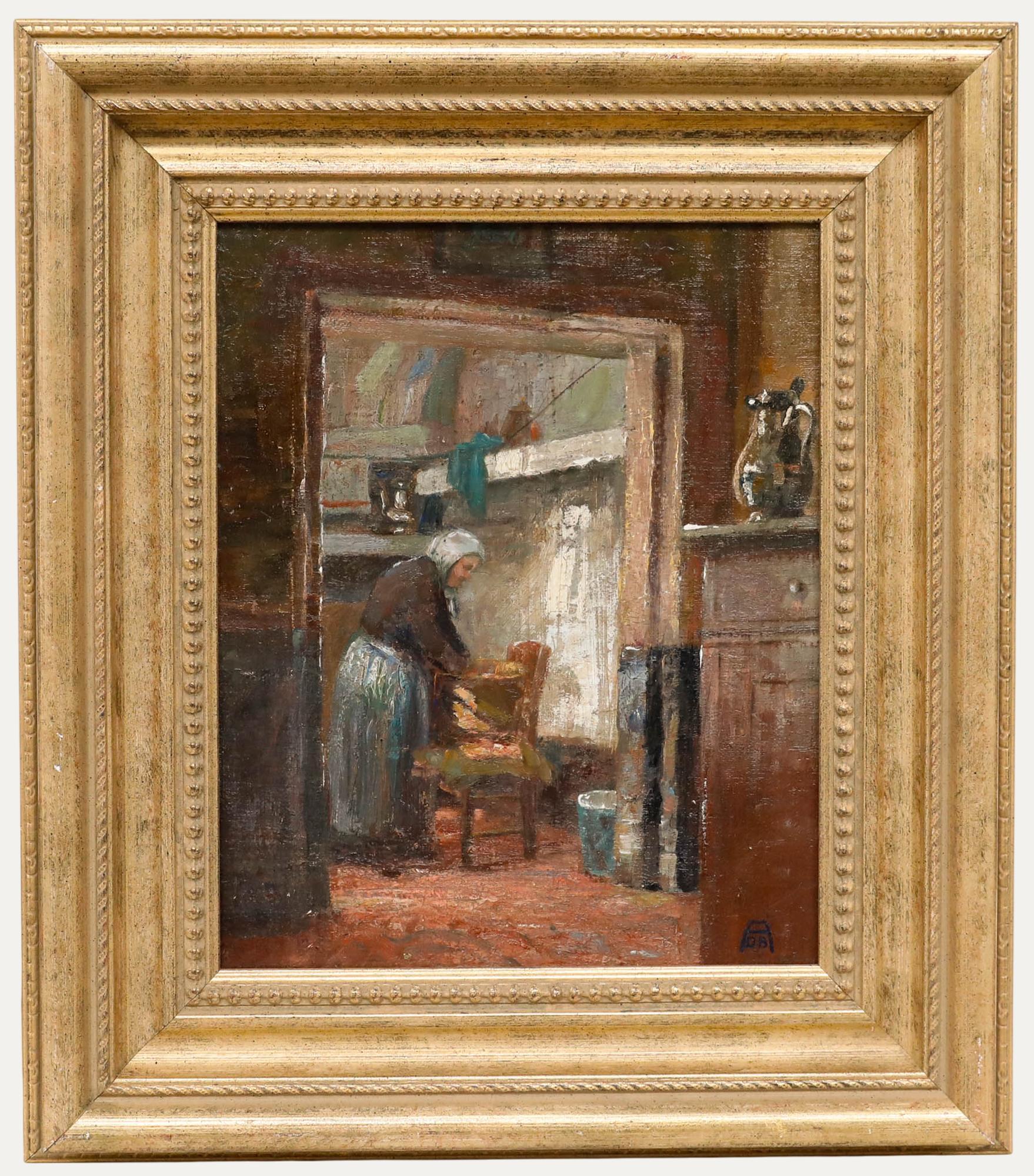 Unknown Figurative Painting - Late 19th Century Oil - Busy in the Kitchen