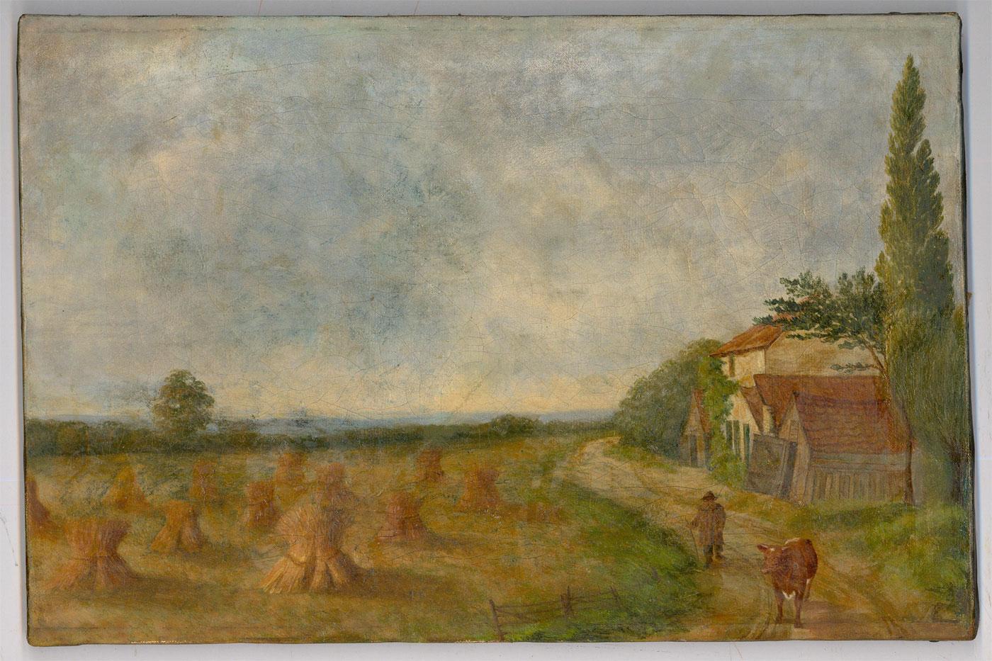 A charming late 19th century oil, depicting a busy cattle farmer returning an escapee to its field. A freshly cut wheat field spans the left of the scene with stocks of straw stood out to dry. The painting has been monogrammed by the artist to the