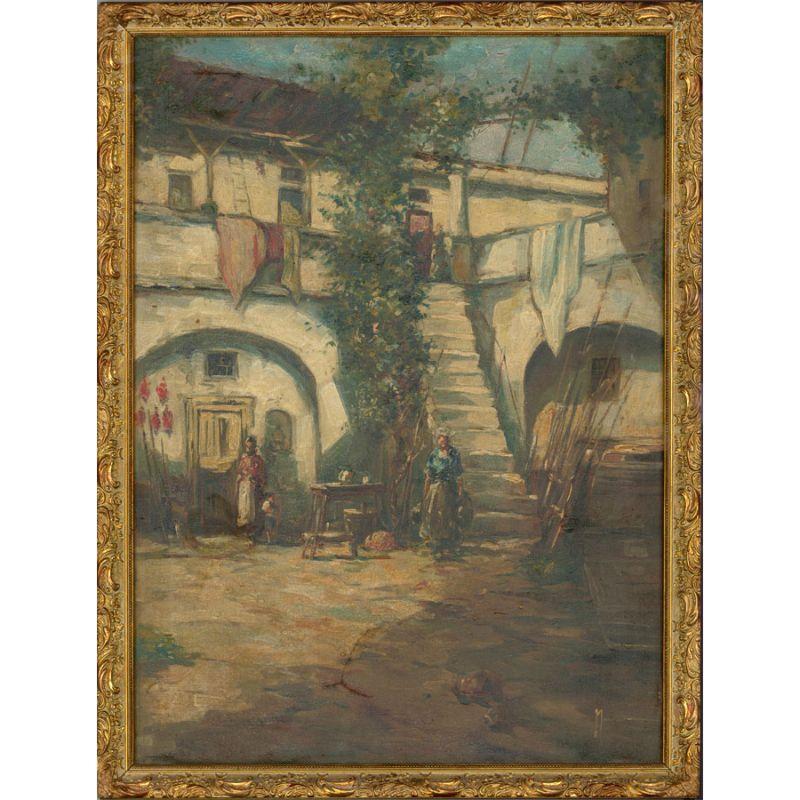 Late 19th Century Oil - Courtyard Scene - Brown Landscape Painting by Unknown