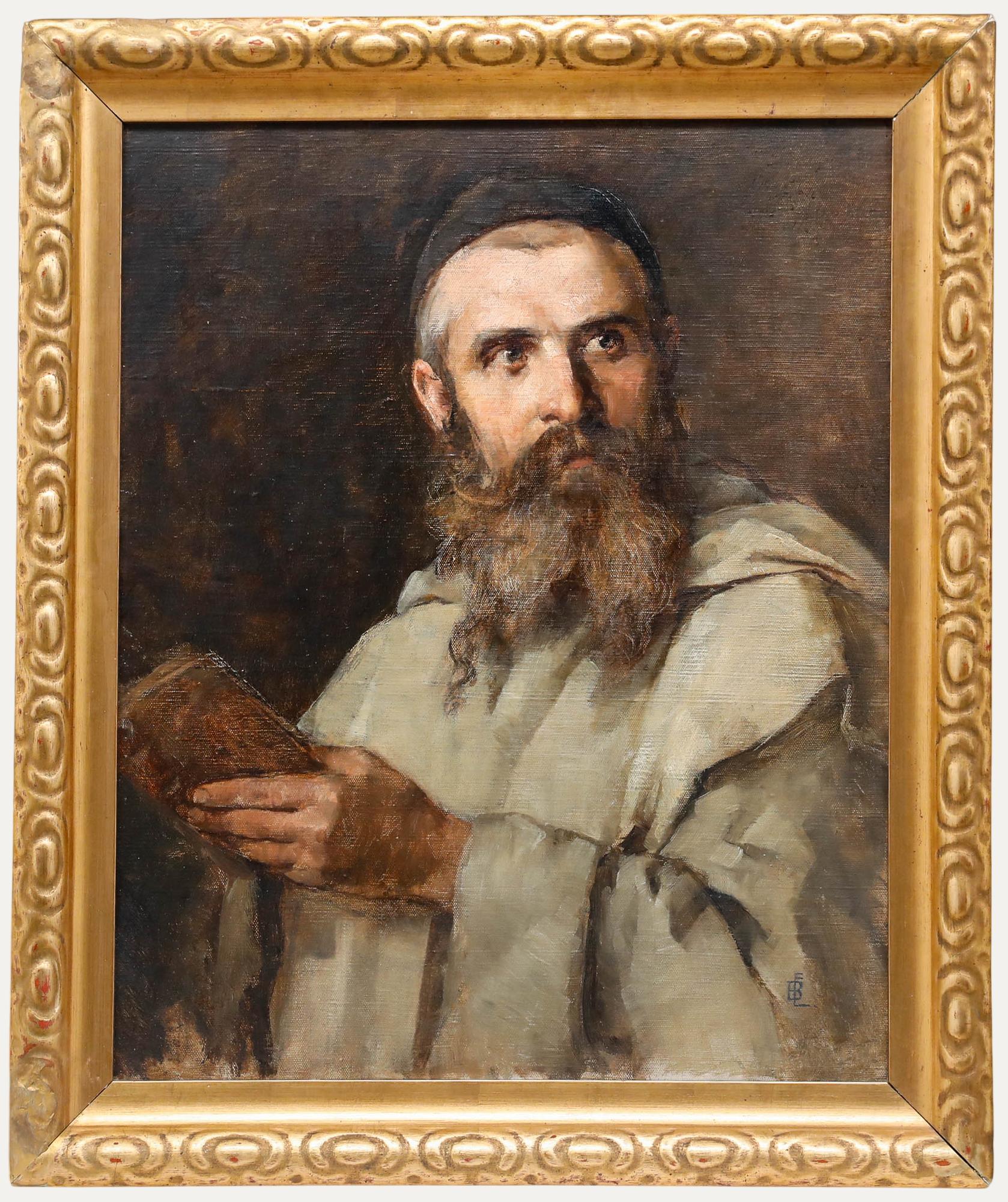 Portrait Painting de Unknown - Óleo de finales del siglo XIX - Monje dominico con un libro