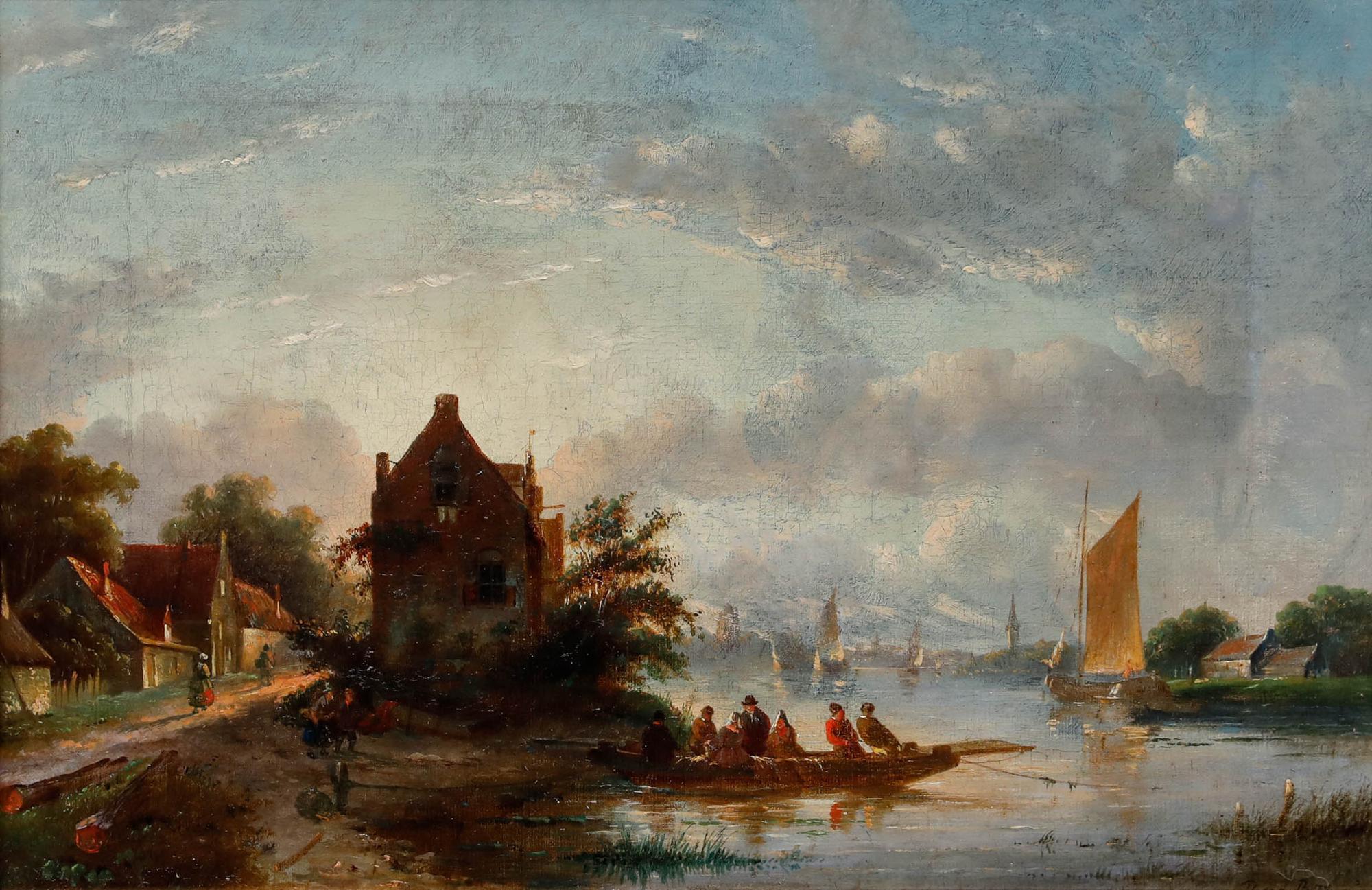 Fin du 19e siècle Huile - Scène de rivière hollandaise - Painting de Unknown