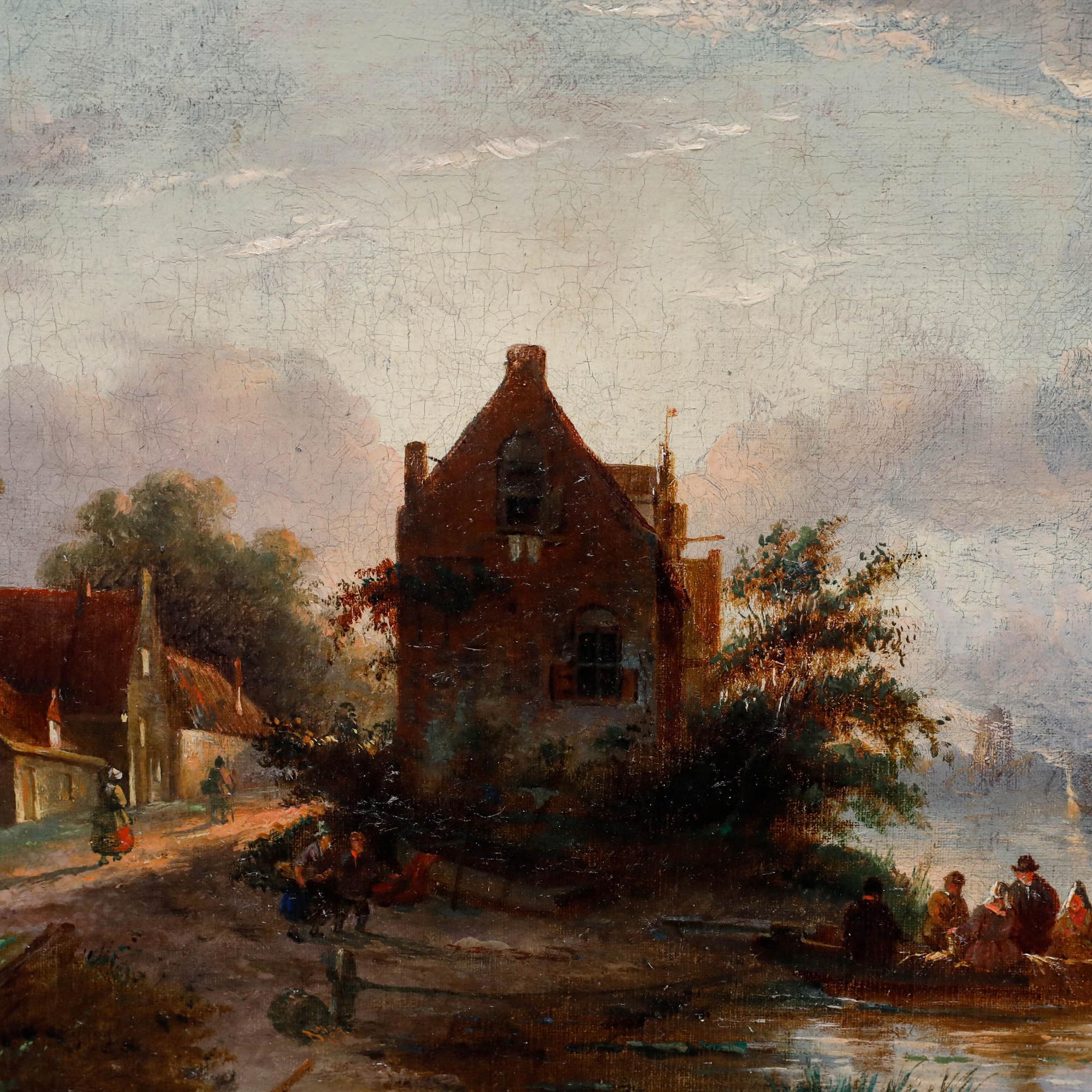 Cette peinture à l'huile de la fin du XIXe siècle, d'une grande finesse d'exécution, représente une paisible scène fluviale hollandaise rendue dans le style des maîtres flamands des XVIe et XVIIe siècles. La composition met en scène des personnages