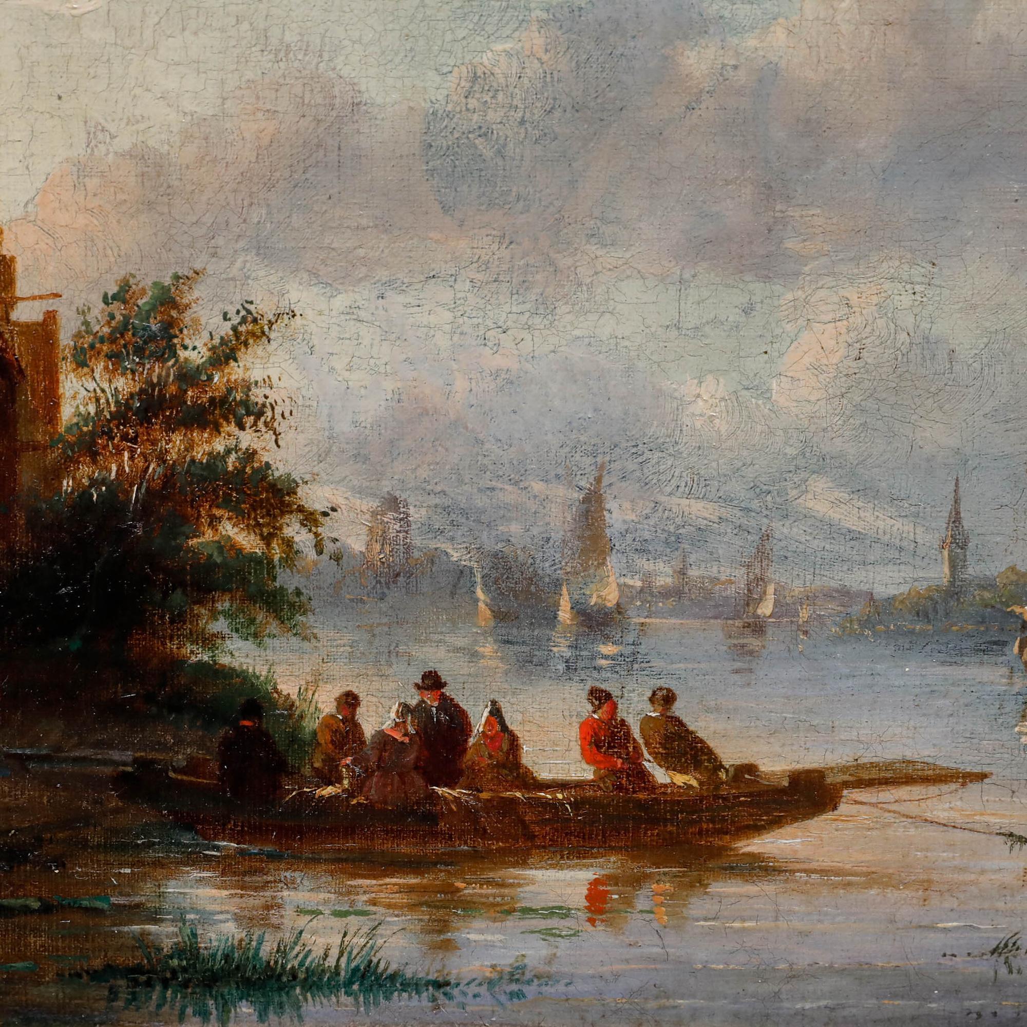 Fin du 19e siècle Huile - Scène de rivière hollandaise en vente 1