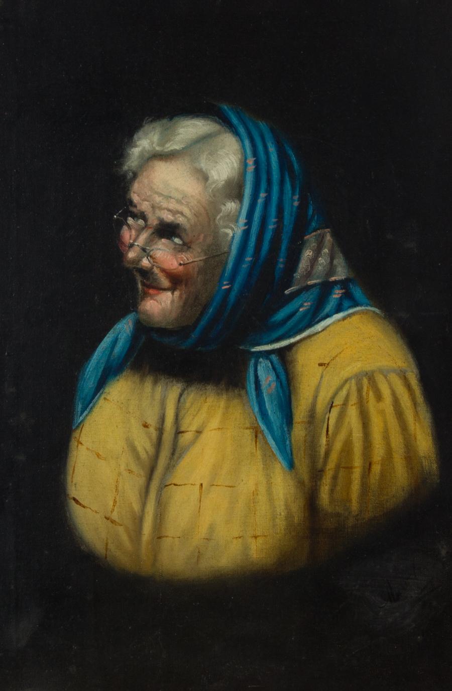Late 19th Century Oil - Elderly Lady with Blue Headscarf - Painting by Unknown