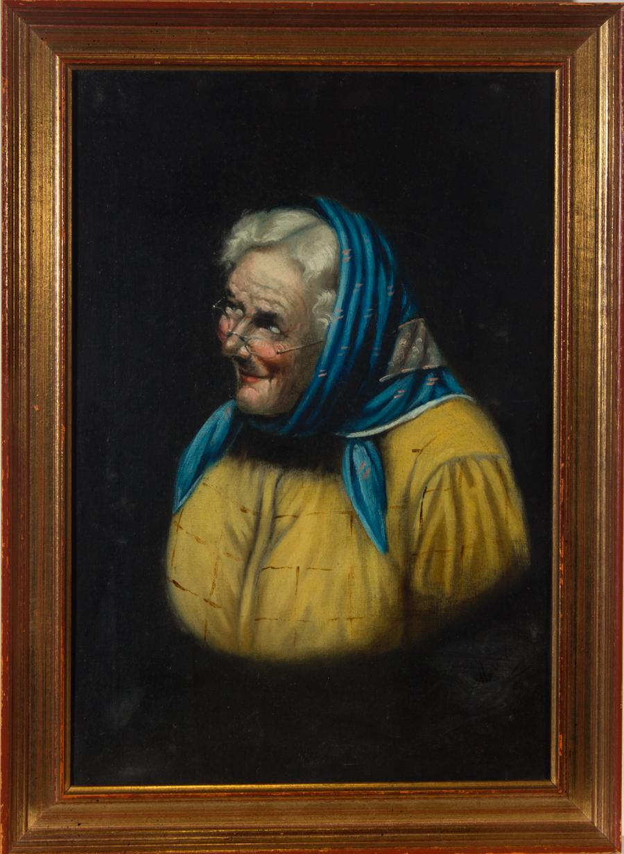 Unknown Portrait Painting - Late 19th Century Oil - Elderly Lady with Blue Headscarf