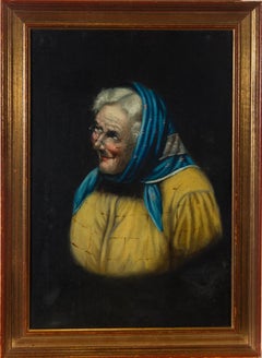 Late 19th Century Oil - Elderly Lady with Blue Headscarf
