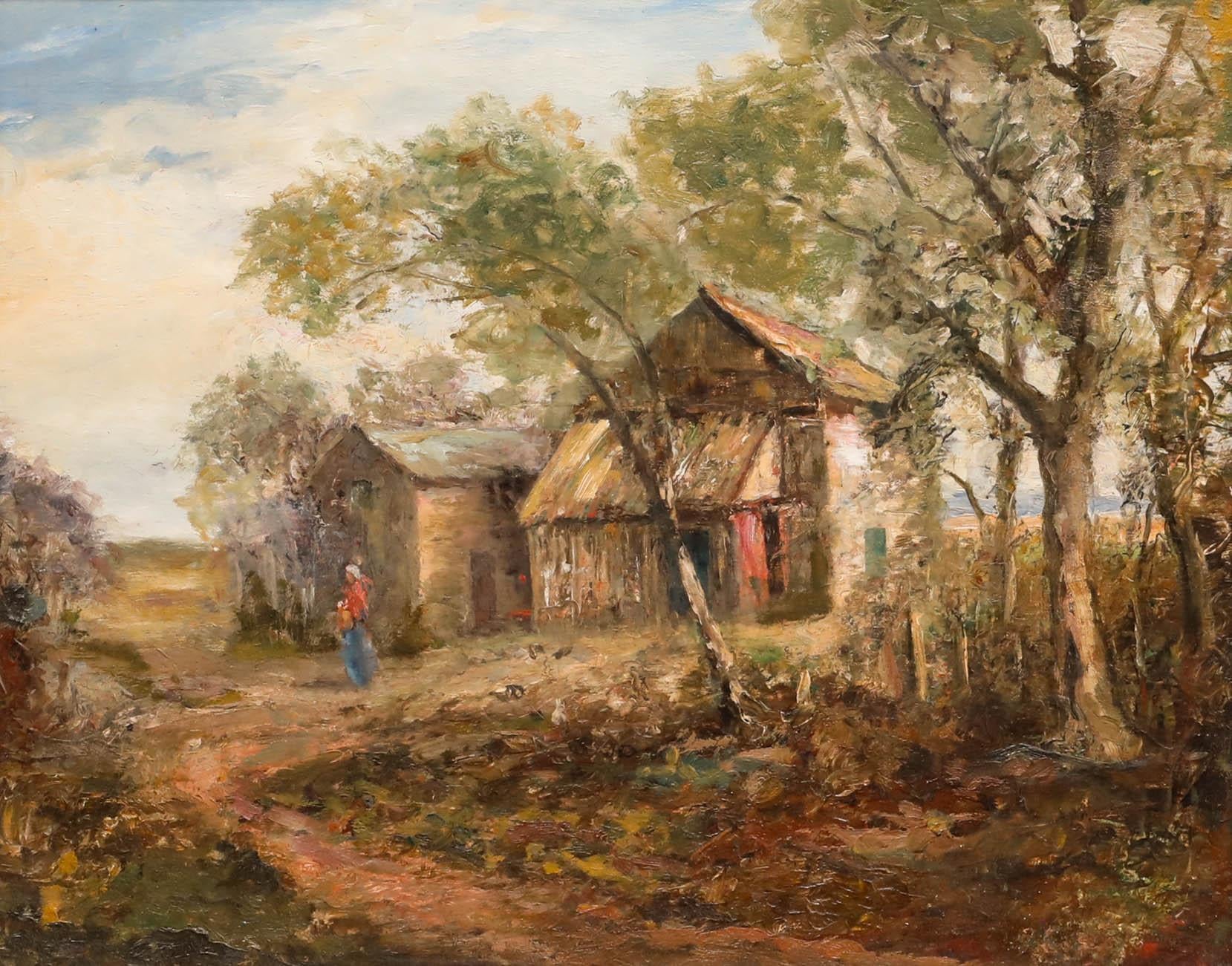 Late 19th Century Oil - Feeding the Chickens - Painting by Unknown