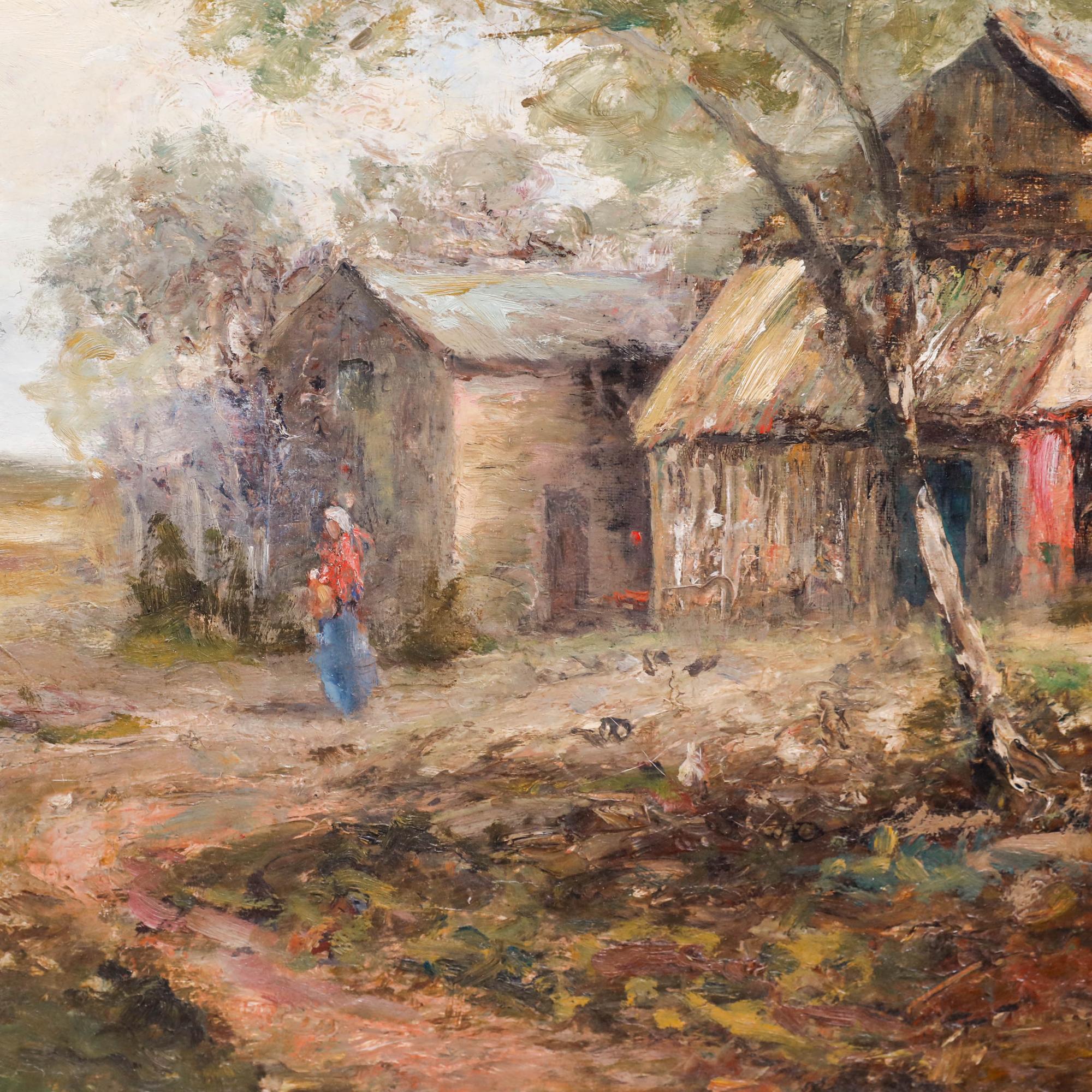 A charming late 19th century oil depicting a rural landscape, with a lady feeding chickens. Loose impressionist brushstrokes and a muted palette reflect the serenity of the scene. Unsigned. Inscribed to the stretchers verso. Beautifully presented in