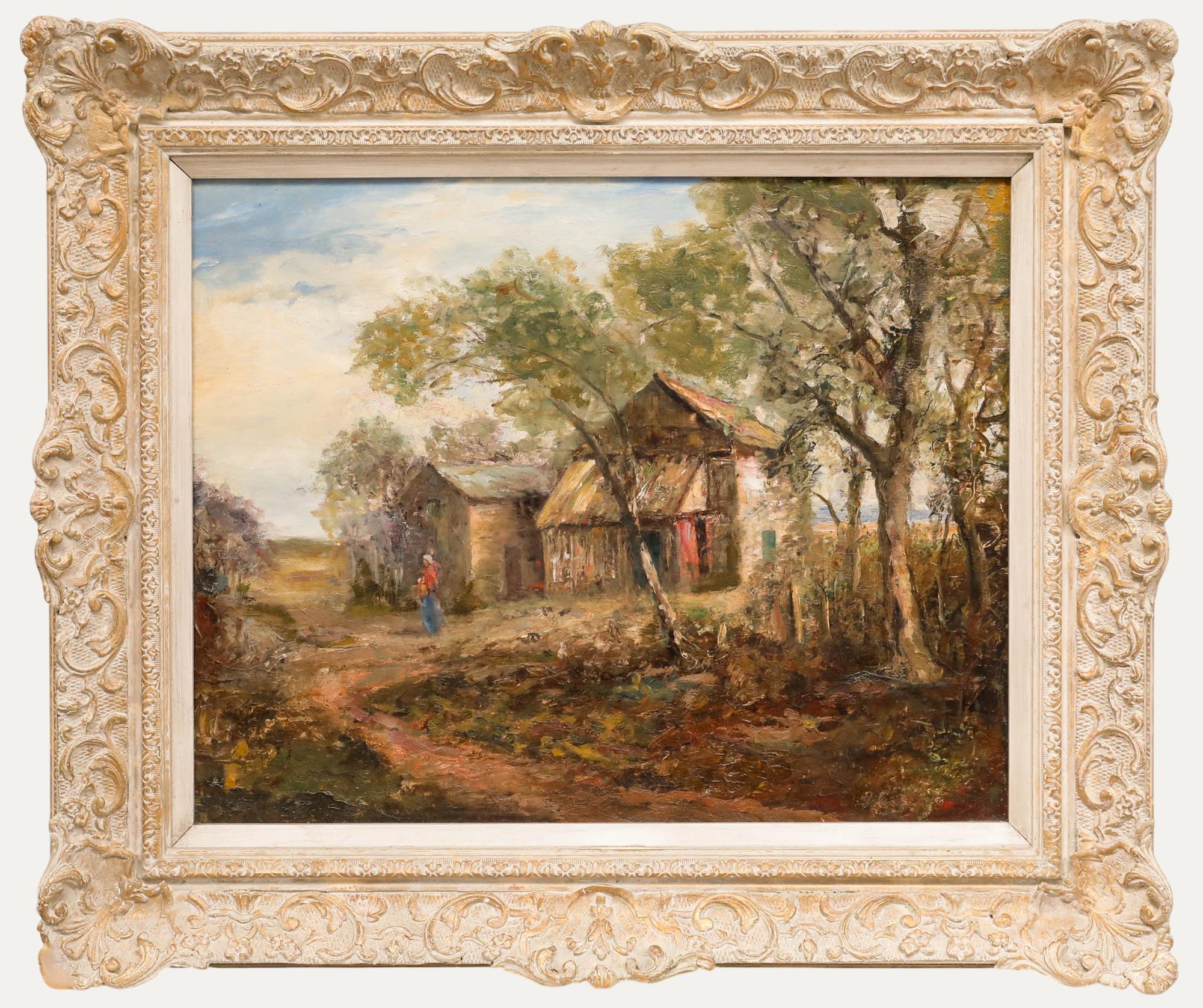 Unknown Landscape Painting - Late 19th Century Oil - Feeding the Chickens