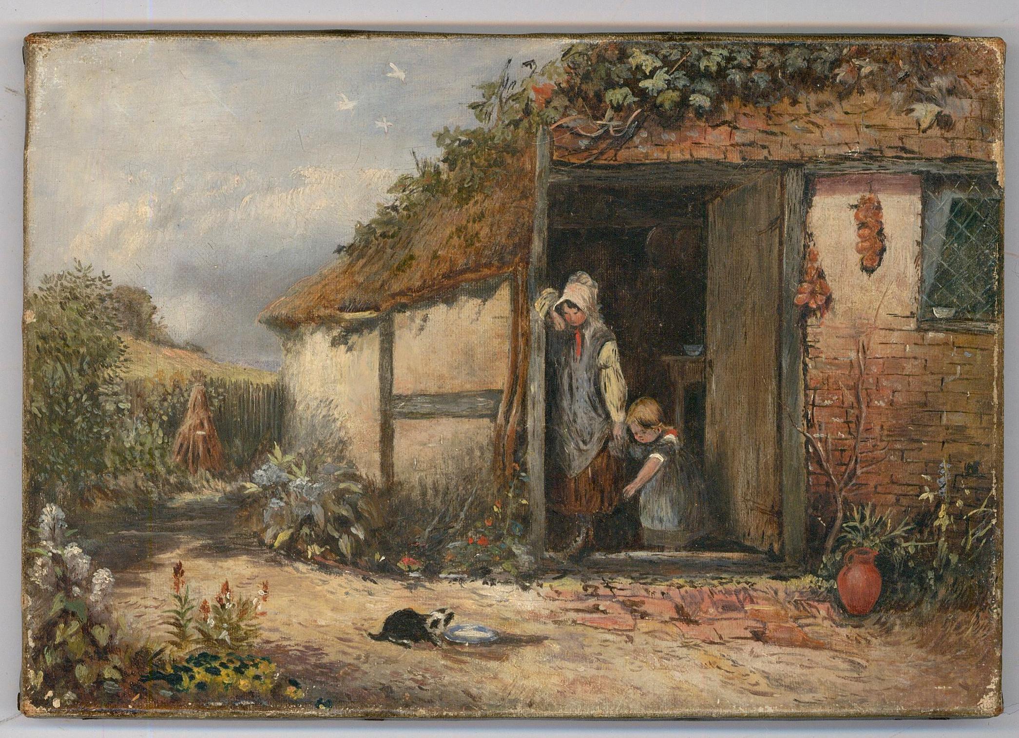 Late 19th Century Oil - Feeding the Cottage Kitten - Painting by Unknown