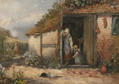 Antique Late 19th Century Oil - Feeding the Cottage Kitten