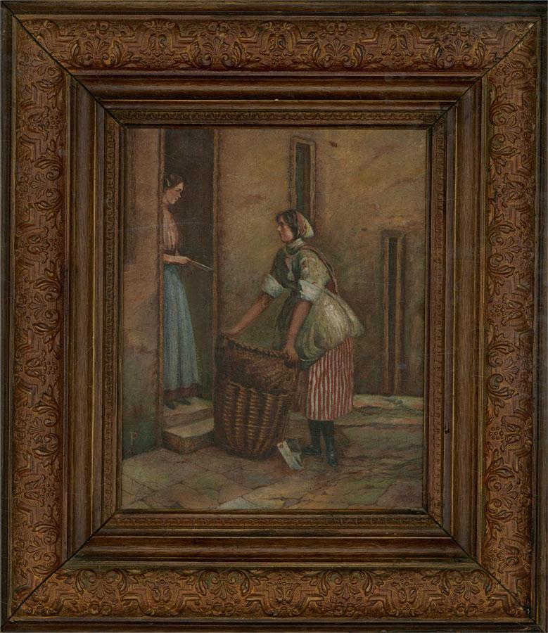 A fine genre scene in oil showing a young woman selling fish to another woman in a doorway, from a large basket. She is wearing a jolly, red and white striped skirt which adds structure and quirk to the painting.

The artist has initialed 