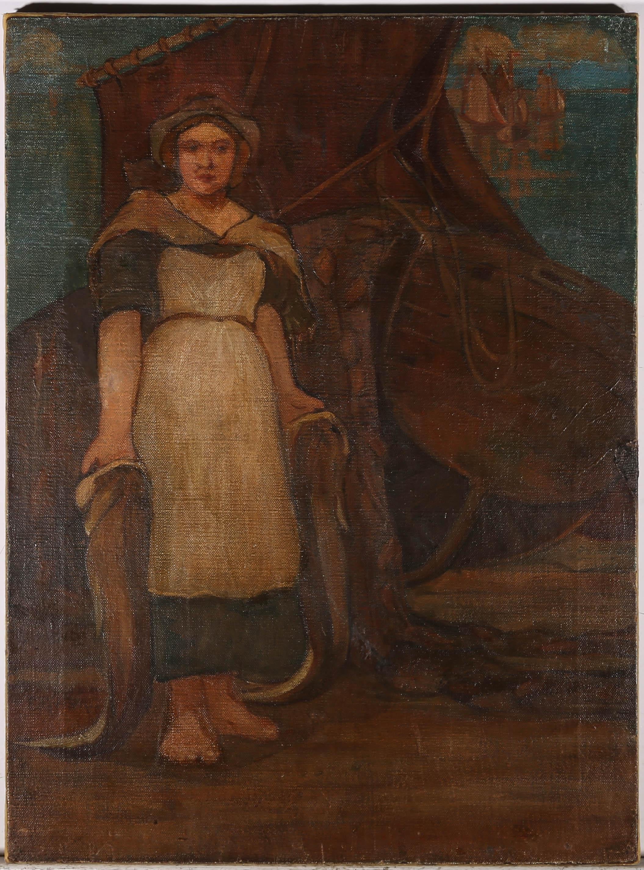 A striking full length portrait from the late 19th Century showing a hardy barefoot fisherwoman, standing in the harbour, holding a large dogfish by the mouth in each hand. Their tails drape on the floor and weight and gravity to the composition. A