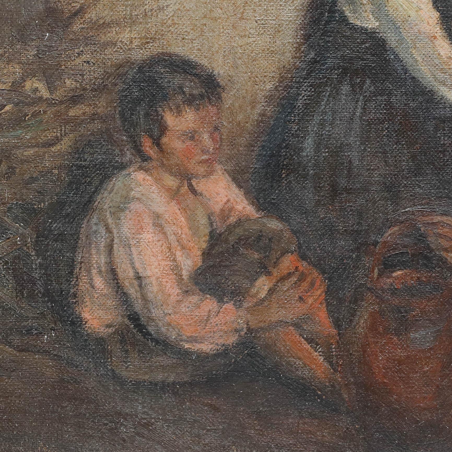 Questo raffinato studio è un'affascinante rappresentazione di una scena domestica intima con figure riunite intorno a un fuoco ardente per riscaldarsi. L'artista utilizza una tavolozza di colori tenui e una pennellata sciolta per creare un senso di