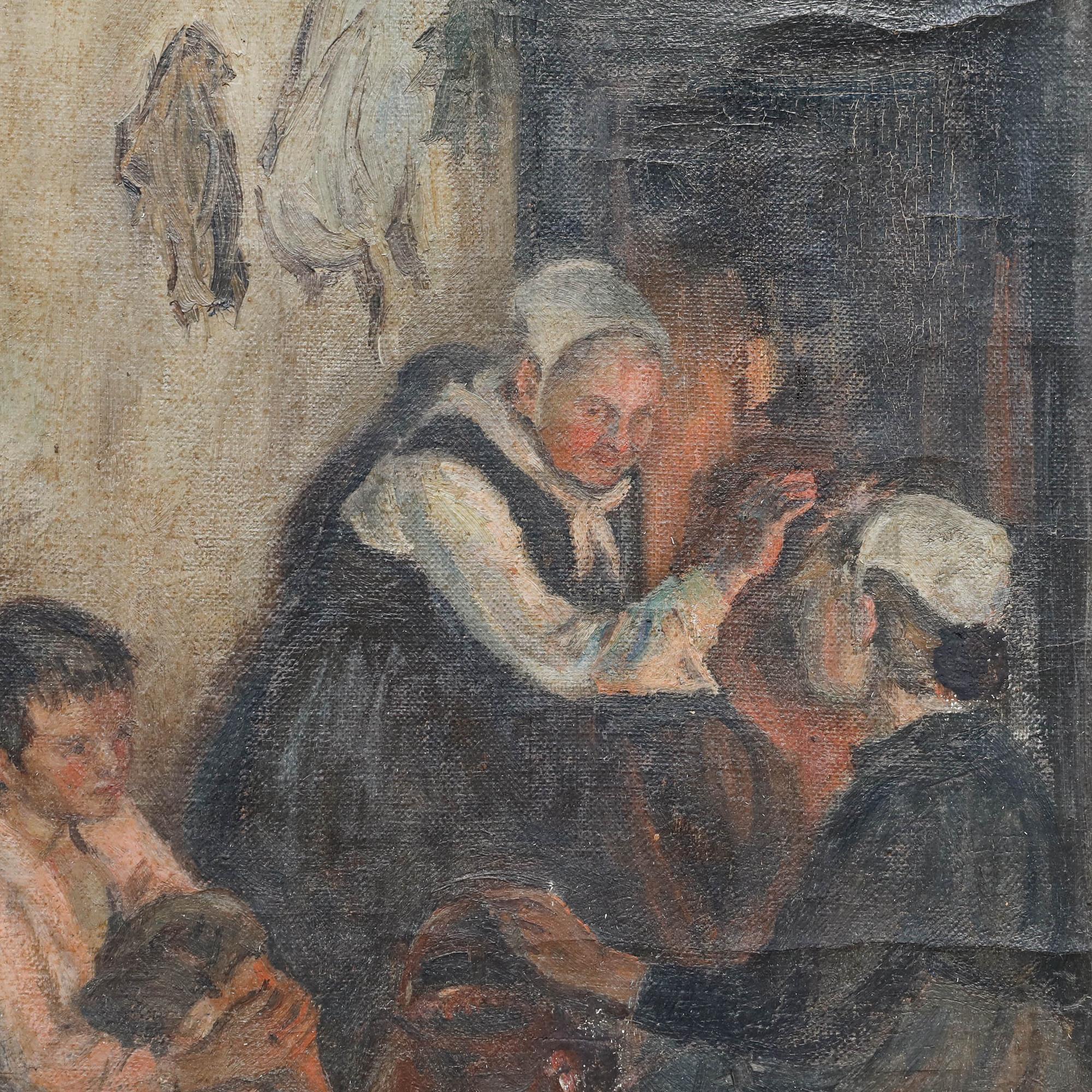 Olio della fine del XIX secolo - Riuniti intorno al fuoco in vendita 1