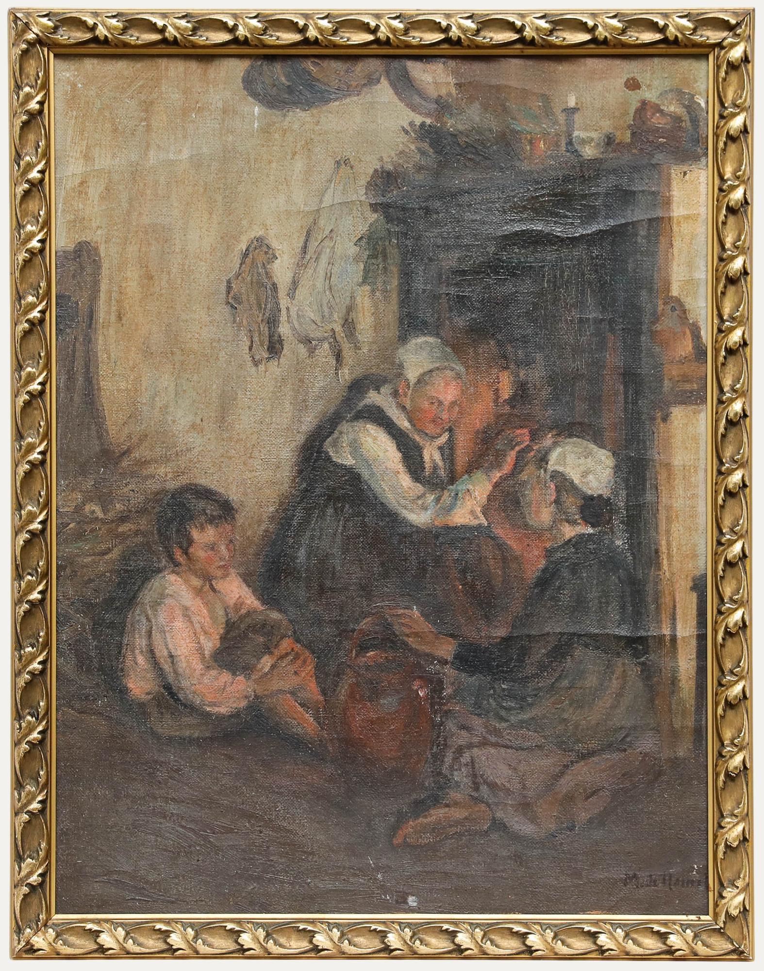 Figurative Painting di Unknown - Olio della fine del XIX secolo - Riuniti intorno al fuoco