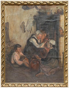 Olio della fine del XIX secolo - Riuniti intorno al fuoco