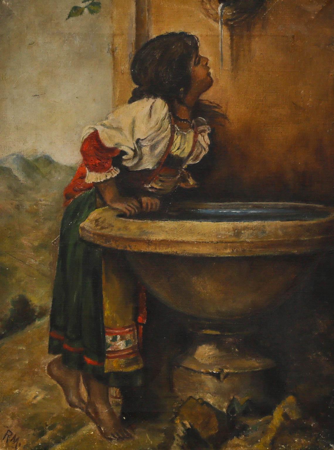 Fin du 19e siècle Huile - Jeune fille à côté d'une fontaine - Painting de Unknown