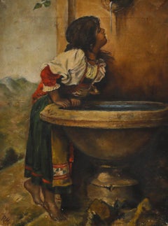 Late 19th Century Oil - Girl Beside a Water Fountain