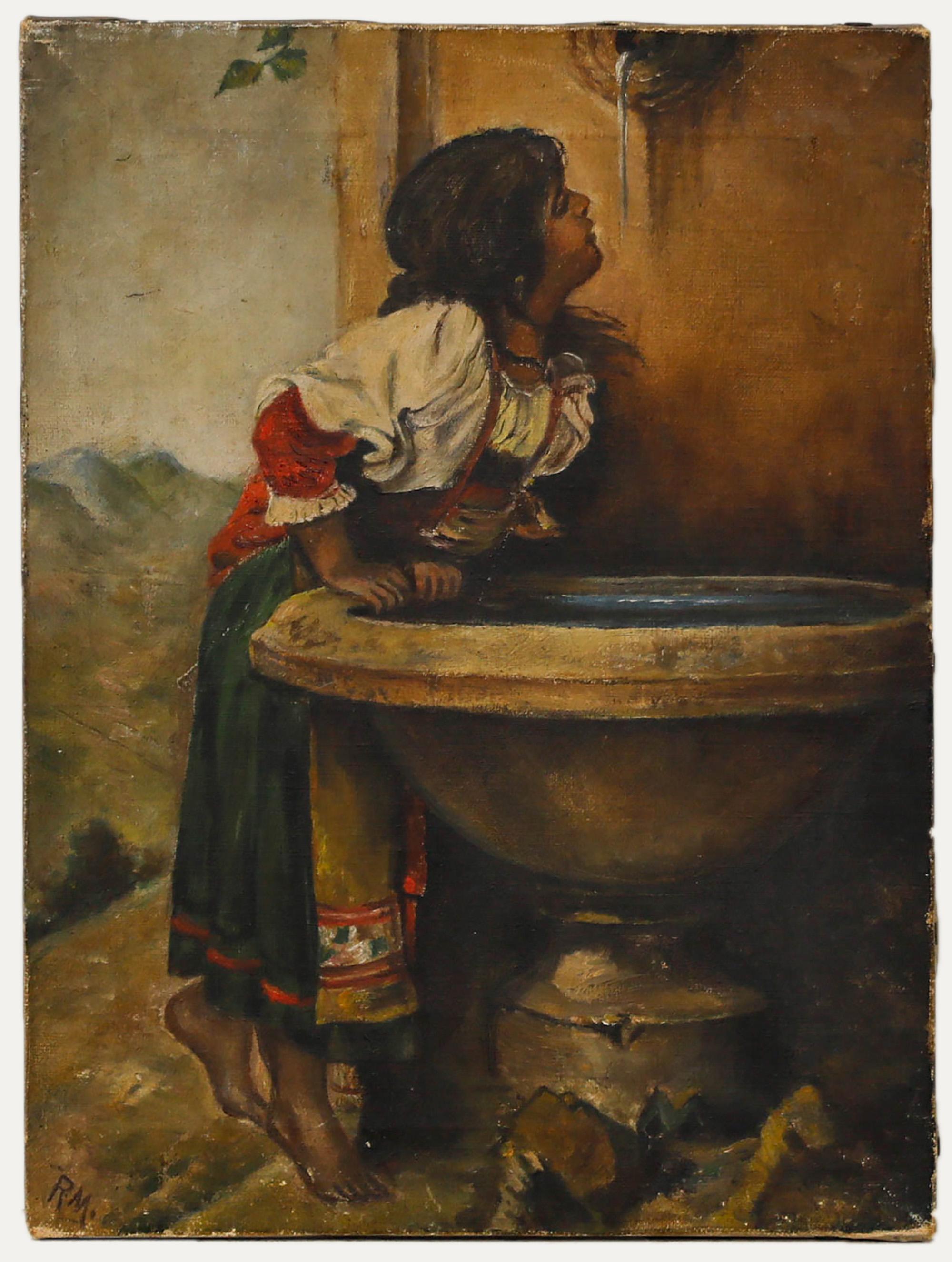 Portrait Painting Unknown - Fin du 19e siècle Huile - Jeune fille à côté d'une fontaine