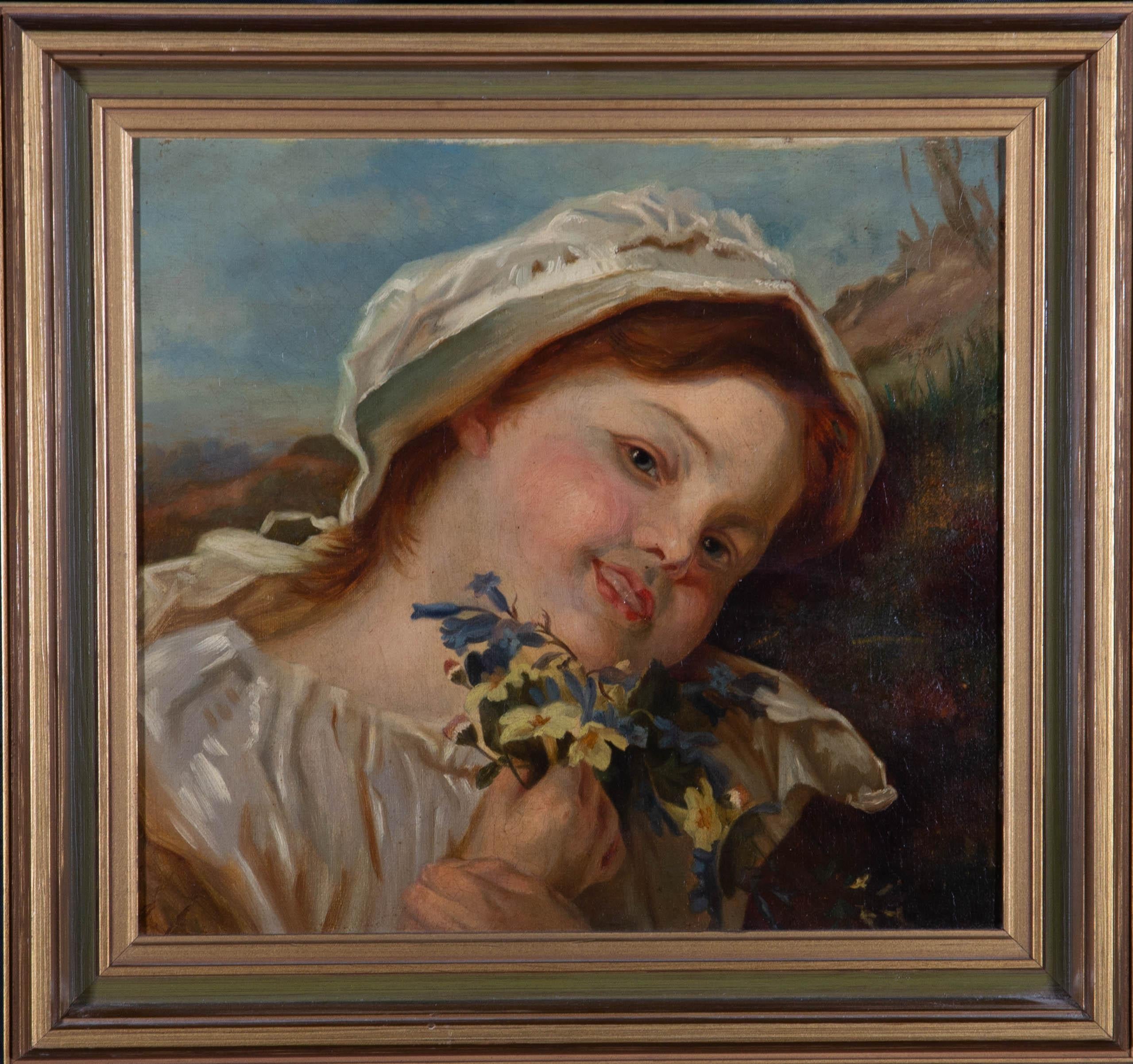 Late 19th Century Oil - Innocence In Summer - Brown Portrait Painting by Unknown