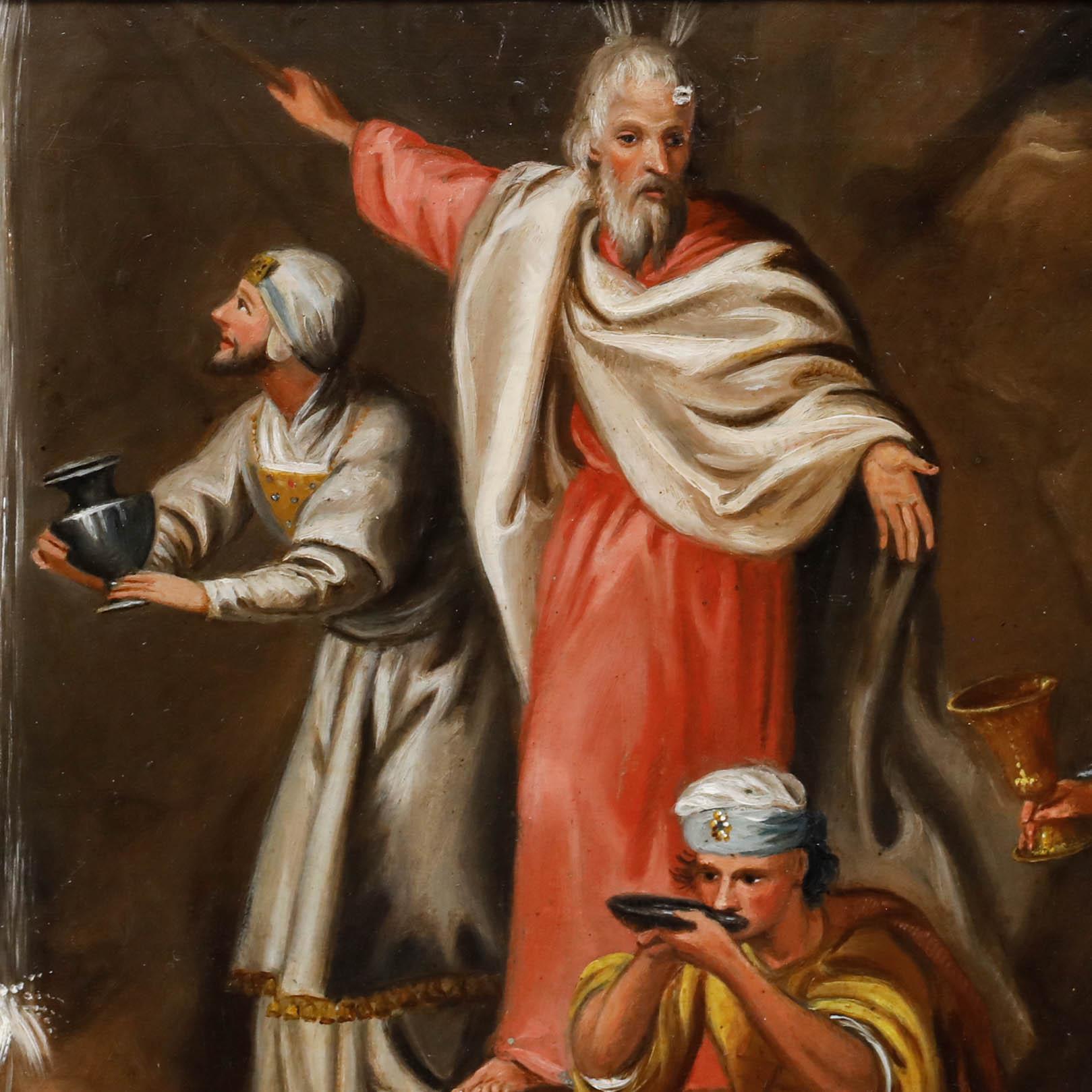 Eine schöne Ölstudie aus dem 19. Jahrhundert, die Moses in der Wüste zeigt, wie er an den Felsen schlägt, um Wasser zu gewinnen. Die Israeliten versammeln sich, um mit Gesten des Staunens das Wasser in Schalen zu sammeln. Gut präsentiert in einem