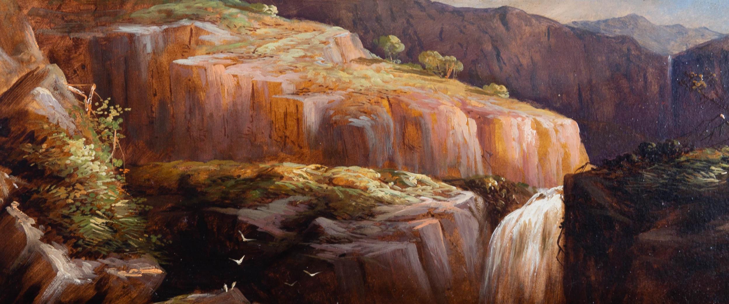 Late 19th Century Oil - Mountain Waterfalls - Painting by Unknown