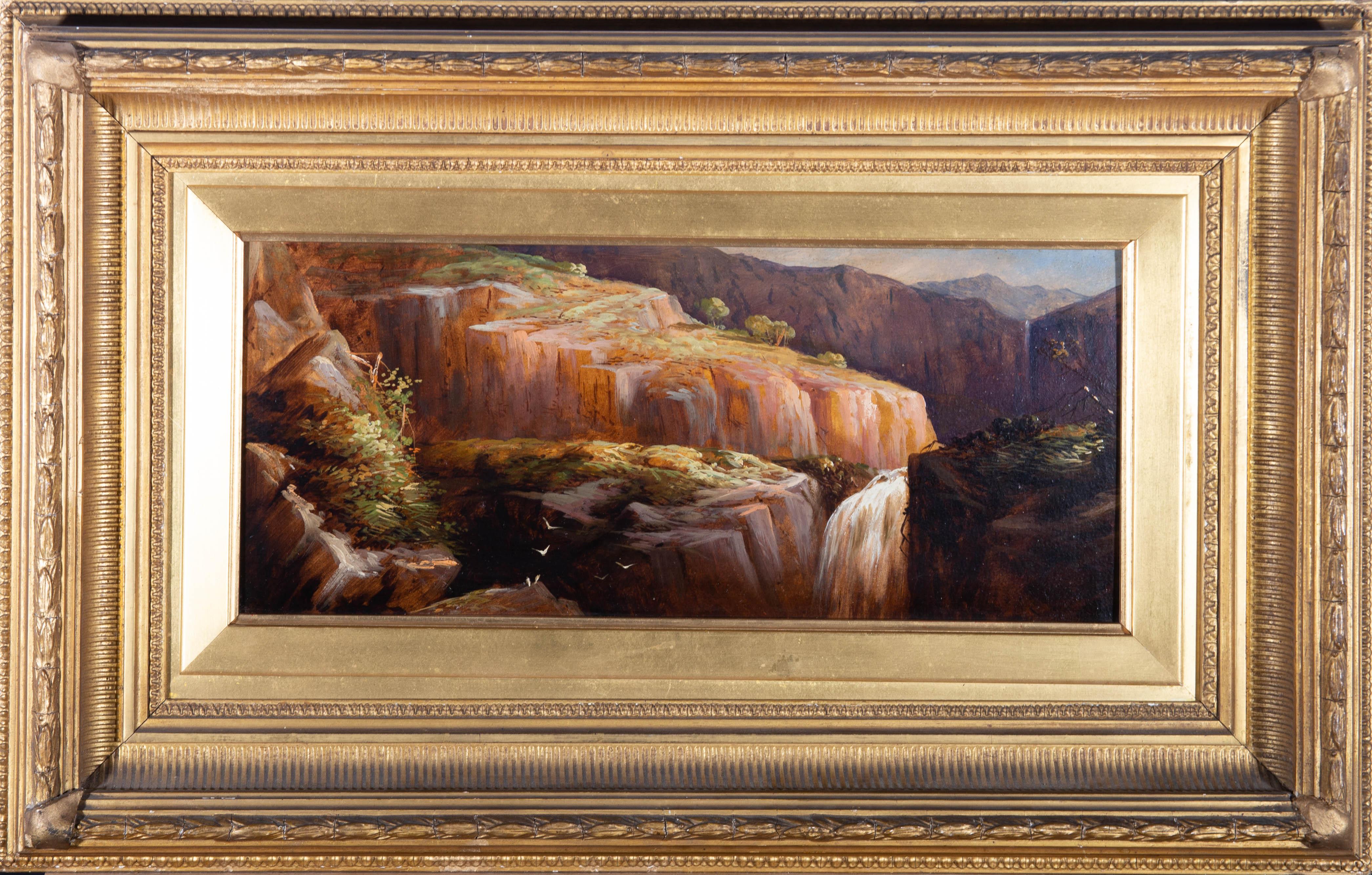 Unknown Landscape Painting - Late 19th Century Oil - Mountain Waterfalls