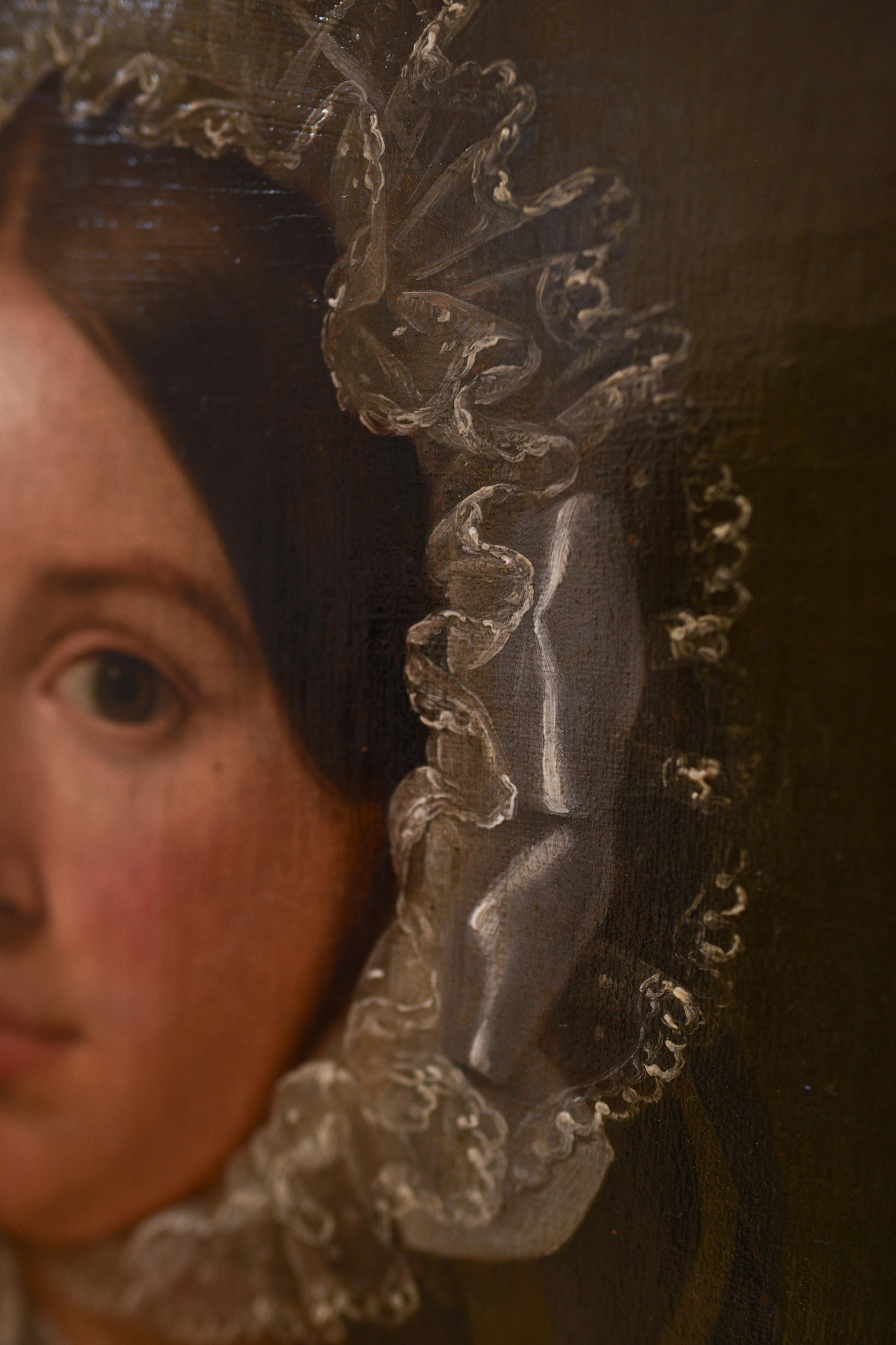 Ritratto di donna con libro e merletto, olio su tavola, fine XIX secolo 6