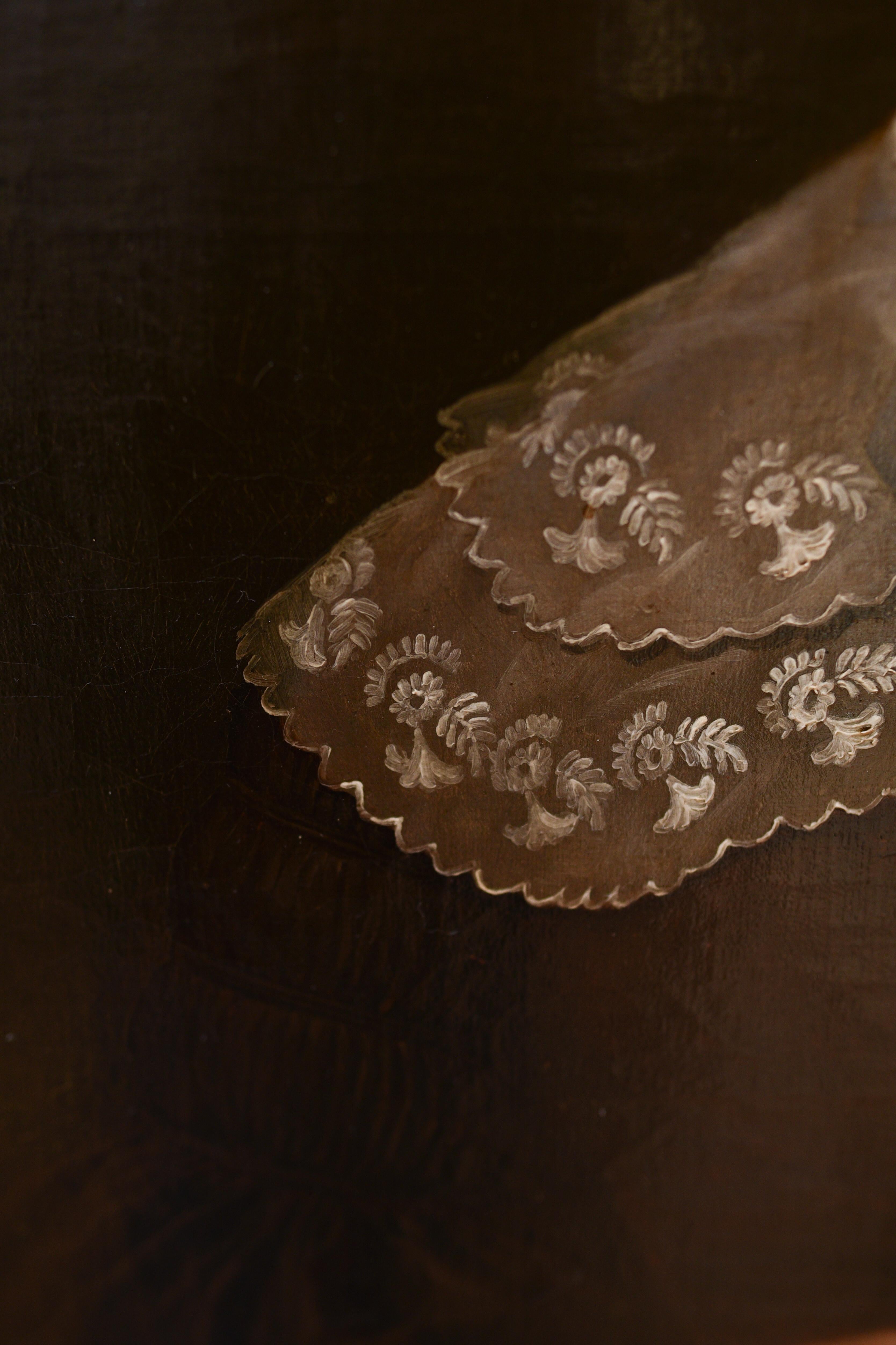 Ritratto di donna con libro e merletto, olio su tavola, fine XIX secolo 2