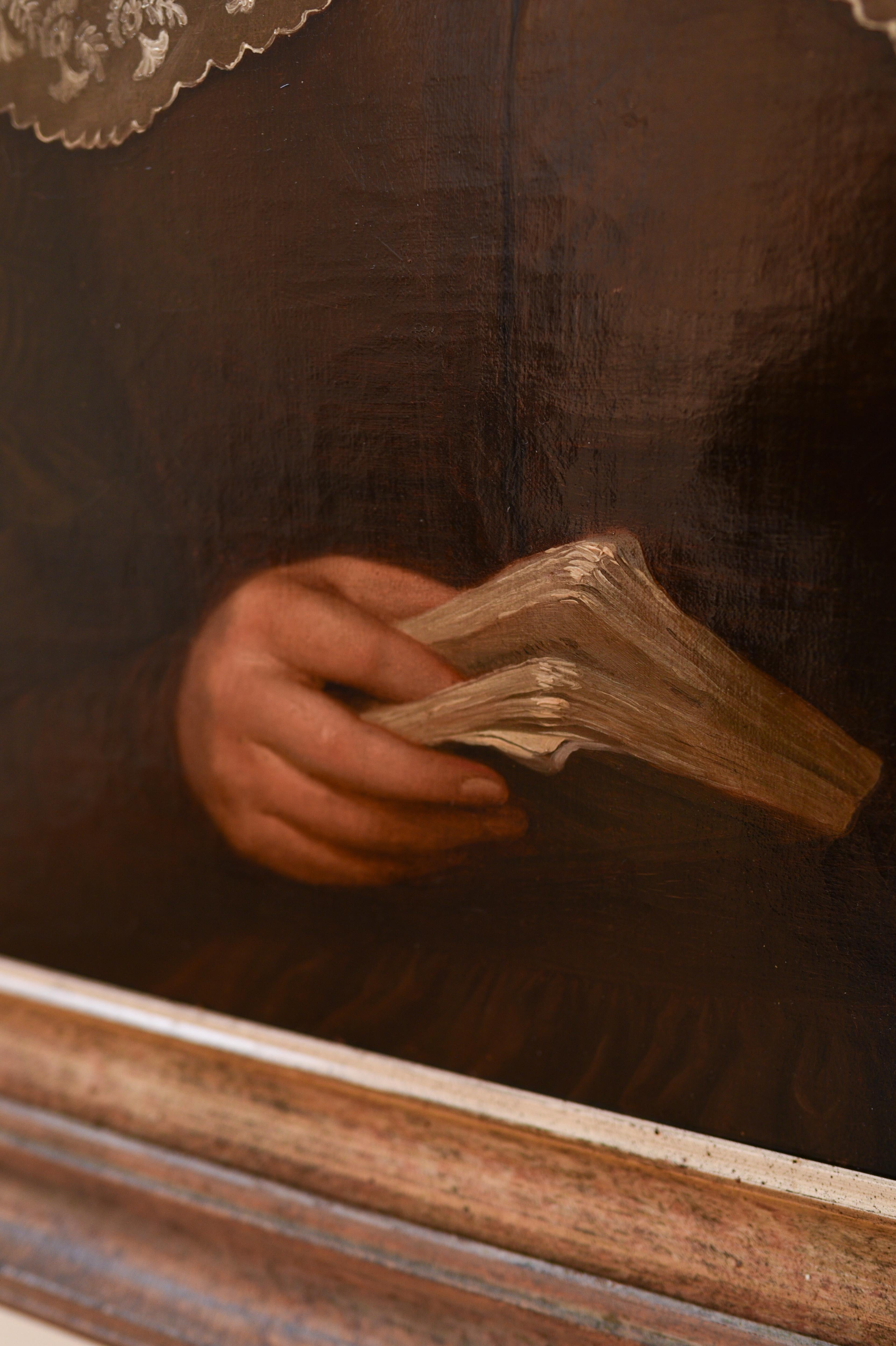 Ritratto di donna con libro e merletto, olio su tavola, fine XIX secolo 3