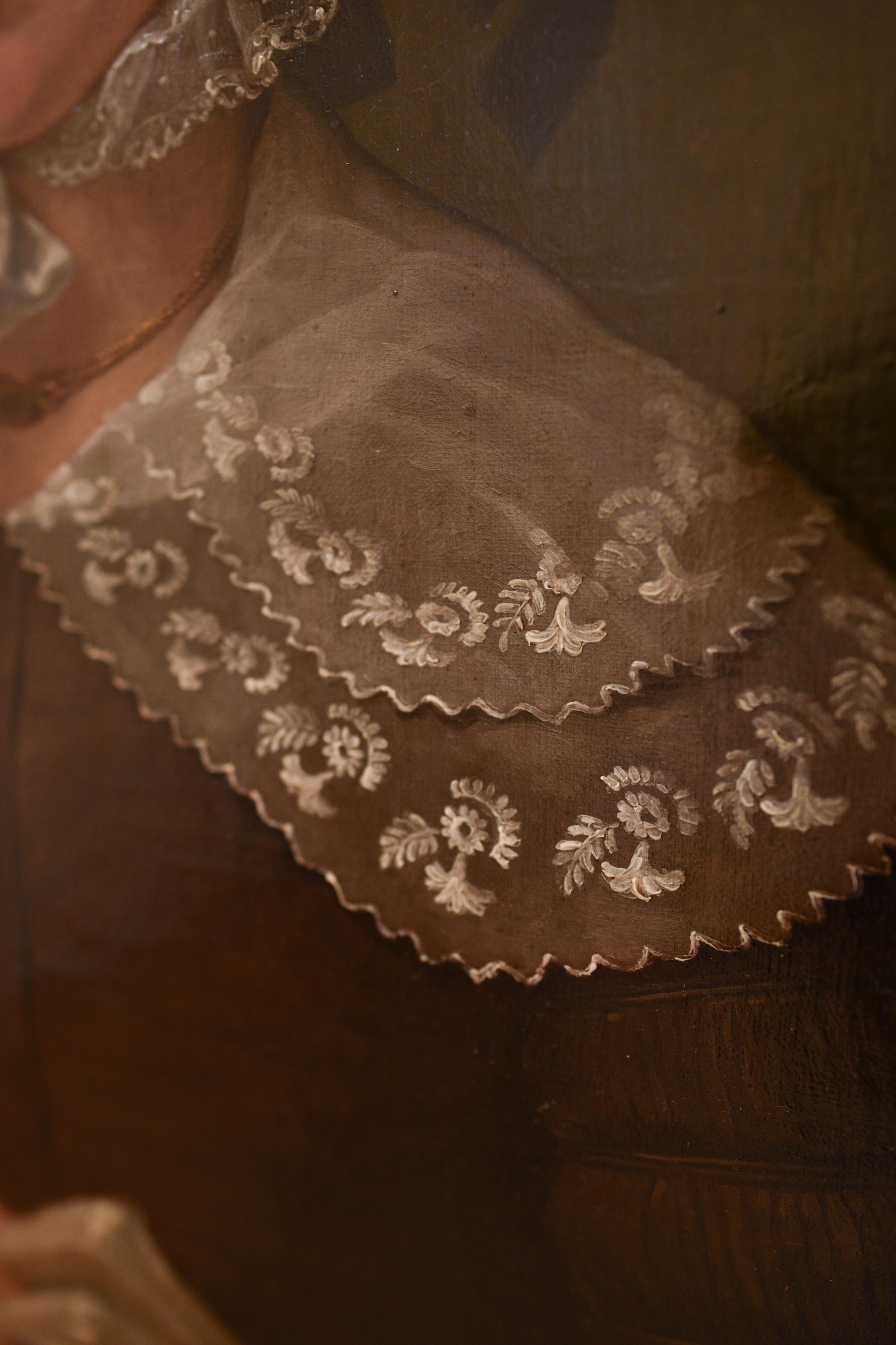 Ritratto di donna con libro e merletto, olio su tavola, fine XIX secolo 4