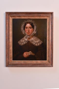 Fin du 19e siècle, huile sur carton, portrait d'une dame avec un livre et de la dentelle