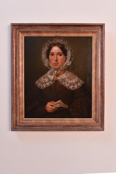 Ölgemälde auf Karton aus dem späten 19. Jahrhundert, Porträt einer Dame mit Buch und Spitze 