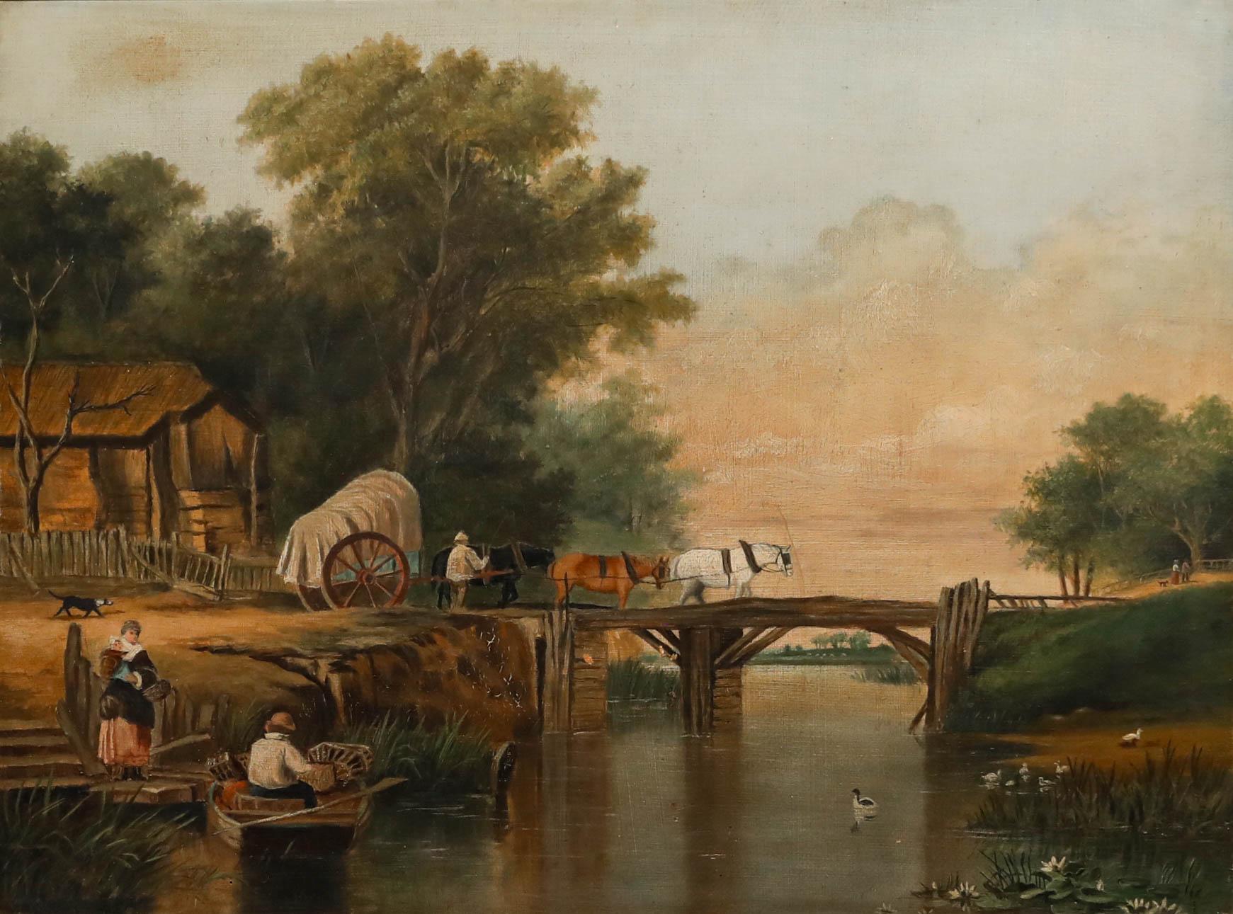 Ölgemälde des späten 19. Jahrhunderts – Über der Holzbrücke – Painting von Unknown