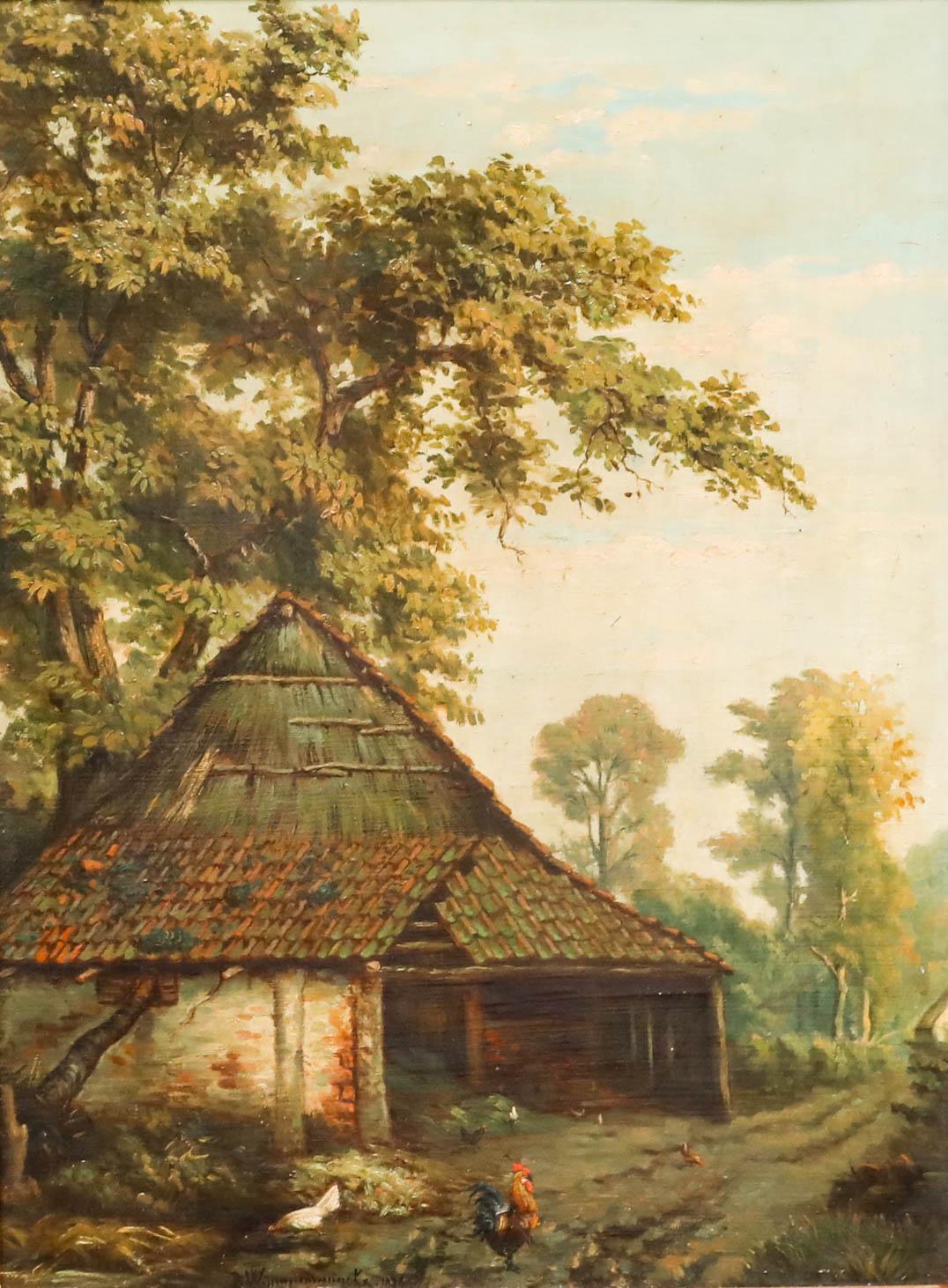 Late 19th Century Oil - Quiet at the Farm - Painting by Unknown