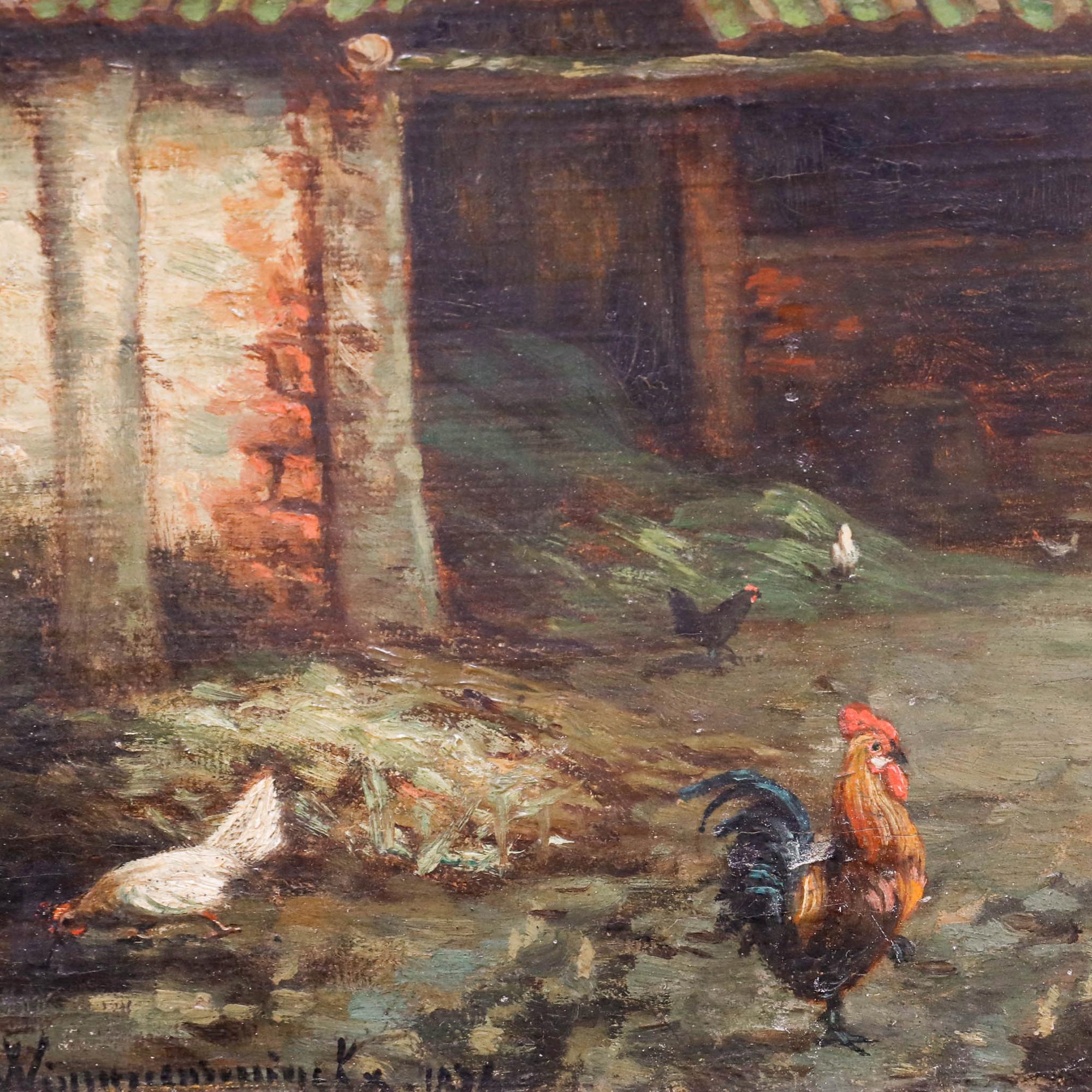 A charming late 19th century oil depicting a serene farm scene. Illegibly signed and dated '1878' to the lower margin. Wonderfully presented in a gilt frame with ornate acanthus scroll and a delicate running pattern to the inner. On canvas on