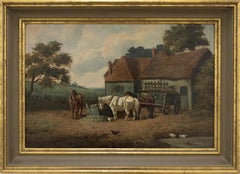 Antique Late 19th Century Oil - Resting Cart Horses