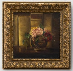 Antique Late 19th Century Oil - Roses on the Bookshelf