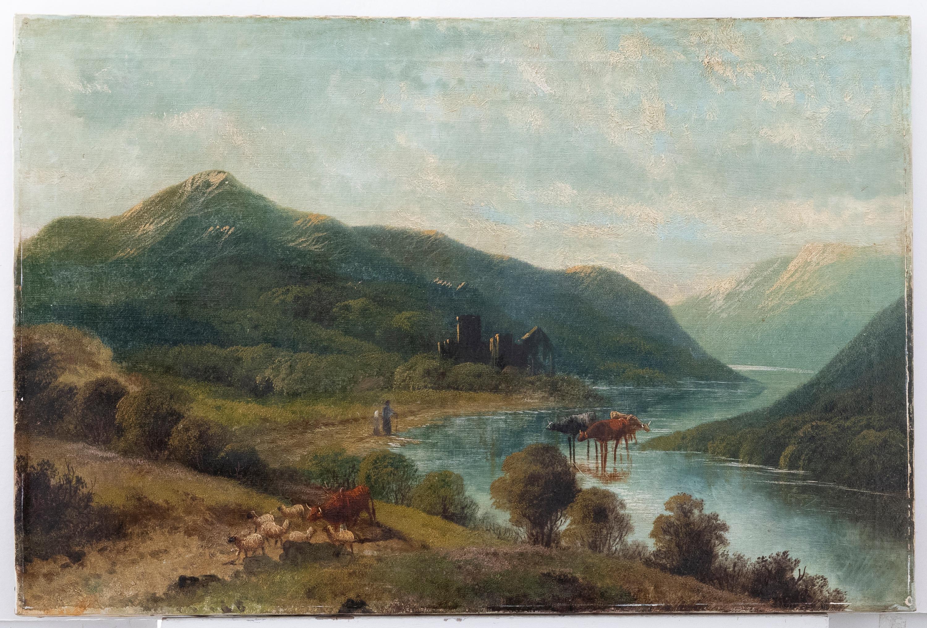 Late 19th Century Oil - Scottish Landscape with Castle Ruins - Painting by Unknown