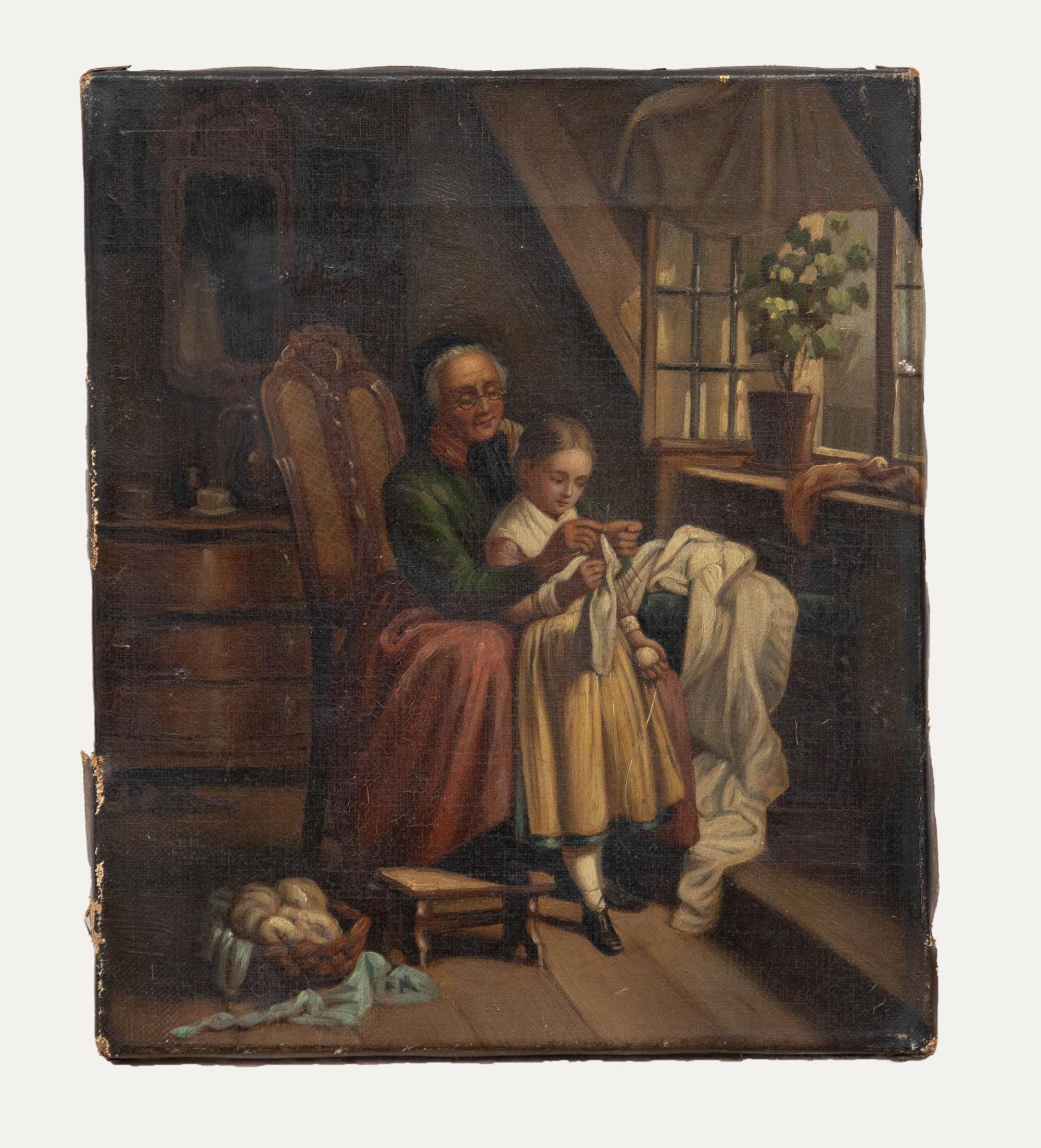 Late 19th Century Oil - Sowing with Grandma - Painting by Unknown