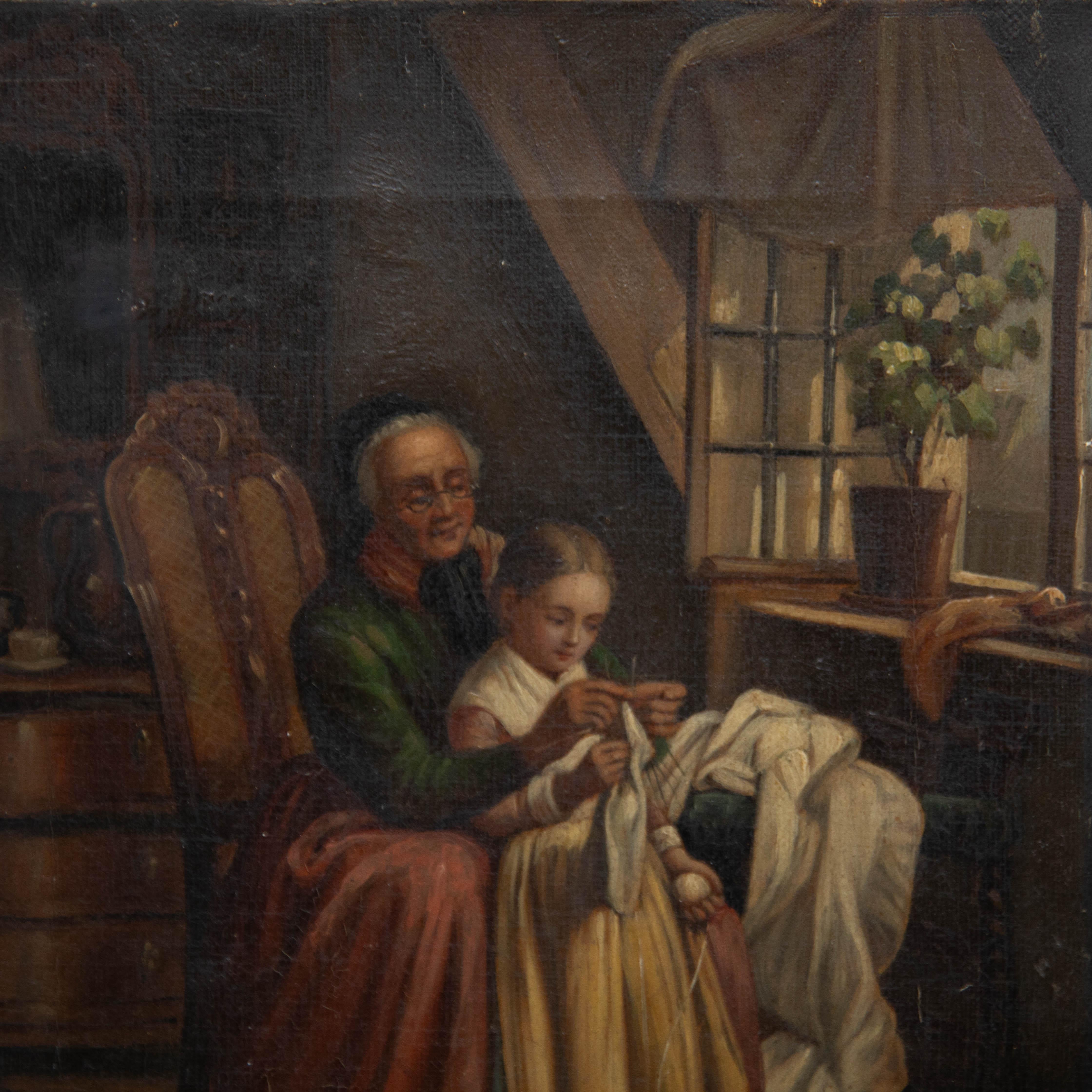 Late 19th Century Oil - Sowing with Grandma For Sale 1